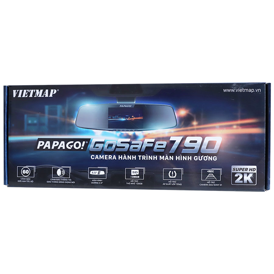Camera hành trình Vietmap PAPAGO GoSafe 790 vừa dẫn đường vừa ghi hình 2 kênh Super HD 2K/1080P, Màn  hình 4.5 inch, tích hợp gương chiếu hậu, cảnh báo thông minh