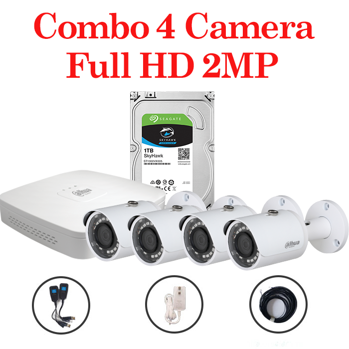 Trọn bộ 4 Camera HAC-HFW1200SP-S4 + 1 Đầu ghi hình 4 kênh Dahua độ phân giải 2 Megapixel