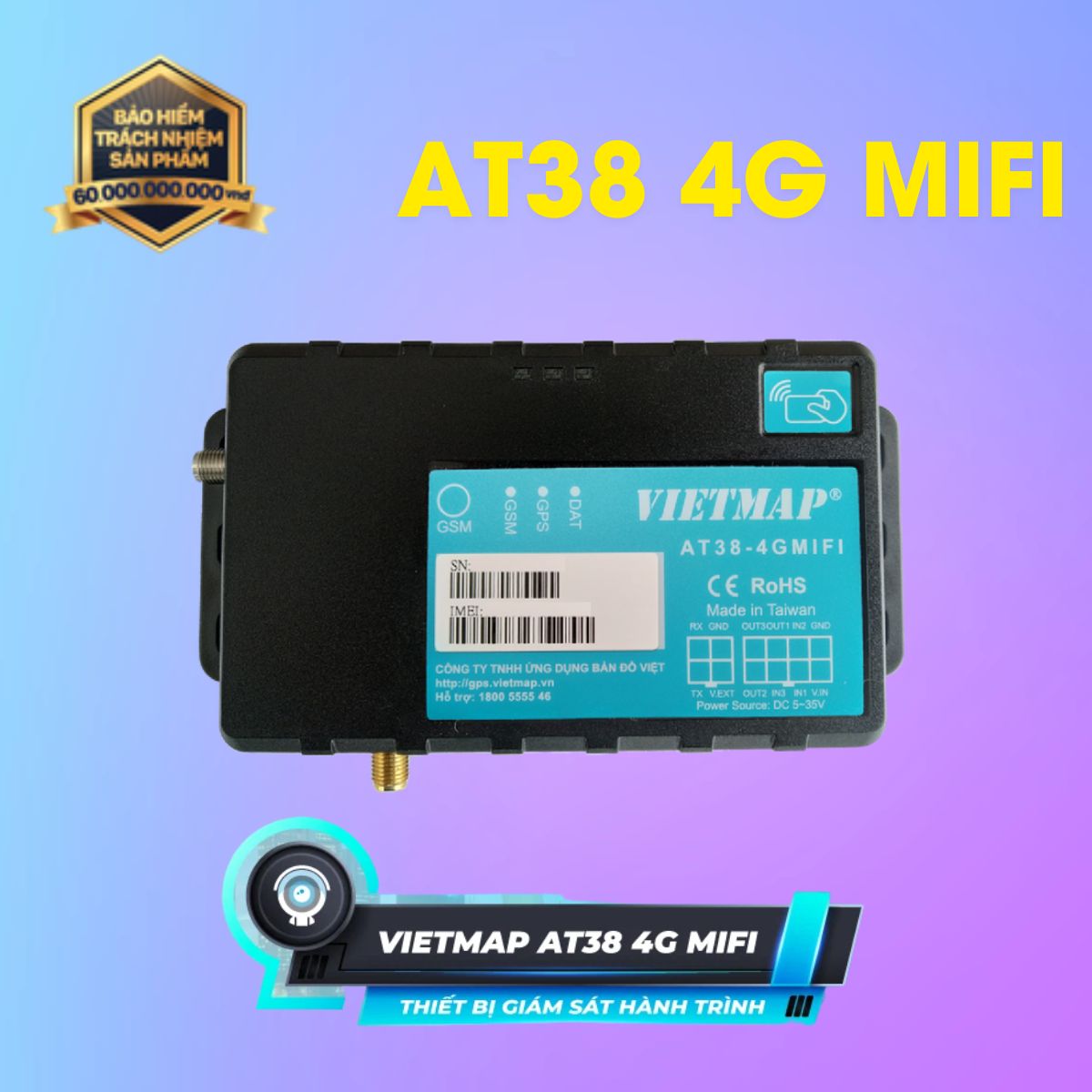 Thiết bị giám sát hành trình Vietmap AT38 4G MIFI gắn thêm cảm biến xăng dầu, cảm biến nhiệt, cảm biến mở cửa, phát wifi