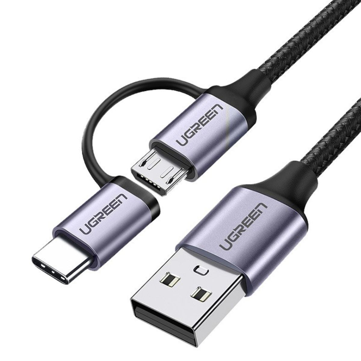 Cáp sạc 1m USB-A to Micro USB + USB Type-C Ugreen 30875 US177 màu đen, hỗ trợ sạc nhanh 3A