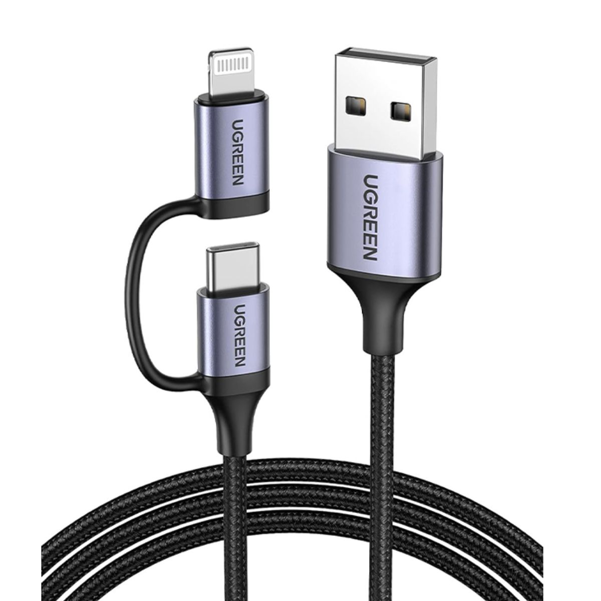 Cáp sạc 1m USB 2.0 A To Lightning + Loại C Ugreen 50792 US513 màu đen, Tốc độ lên đến 480Mbps