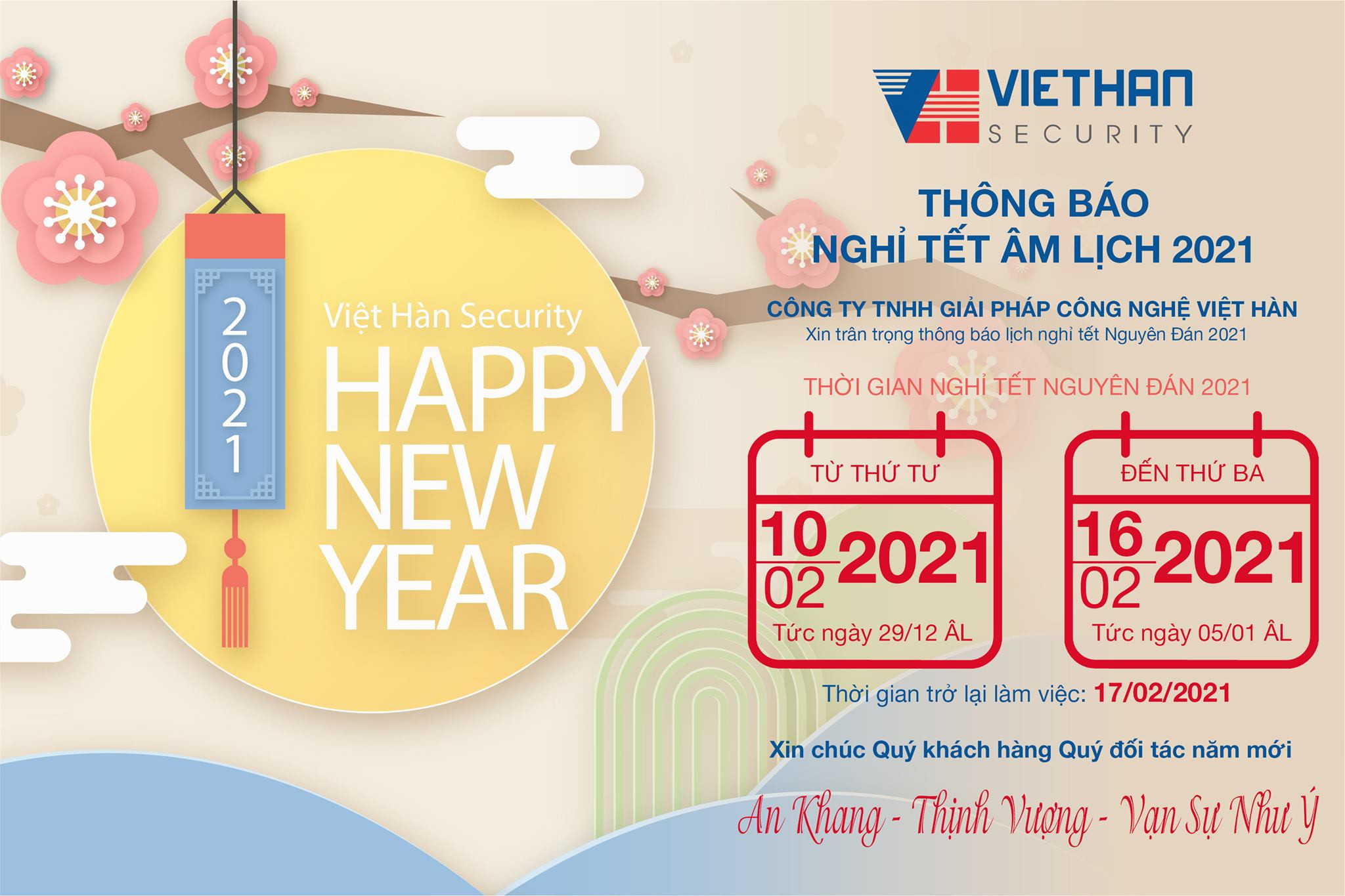 VIỆT HÀN SECURITY - THÔNG BÁO NGHỈ TẾT NGUYÊN ĐÁN 2021