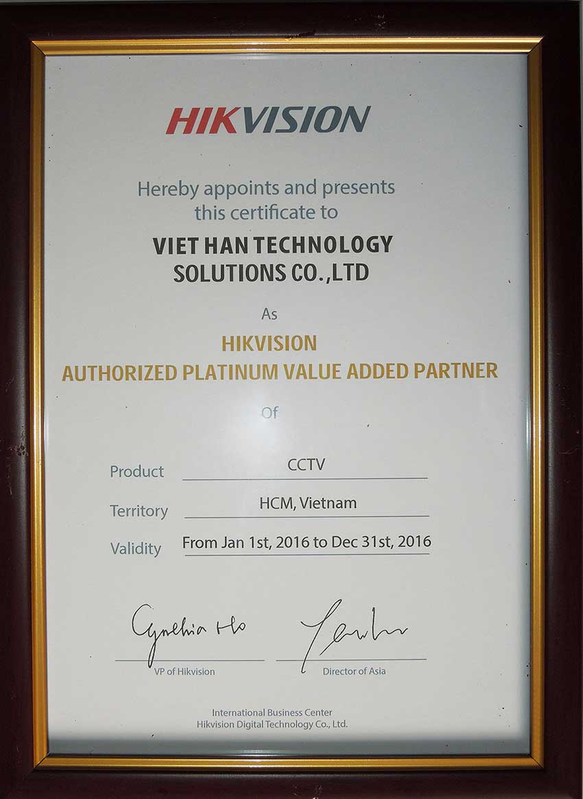 chứng nhận phân phối camera hikvision việt hàn
