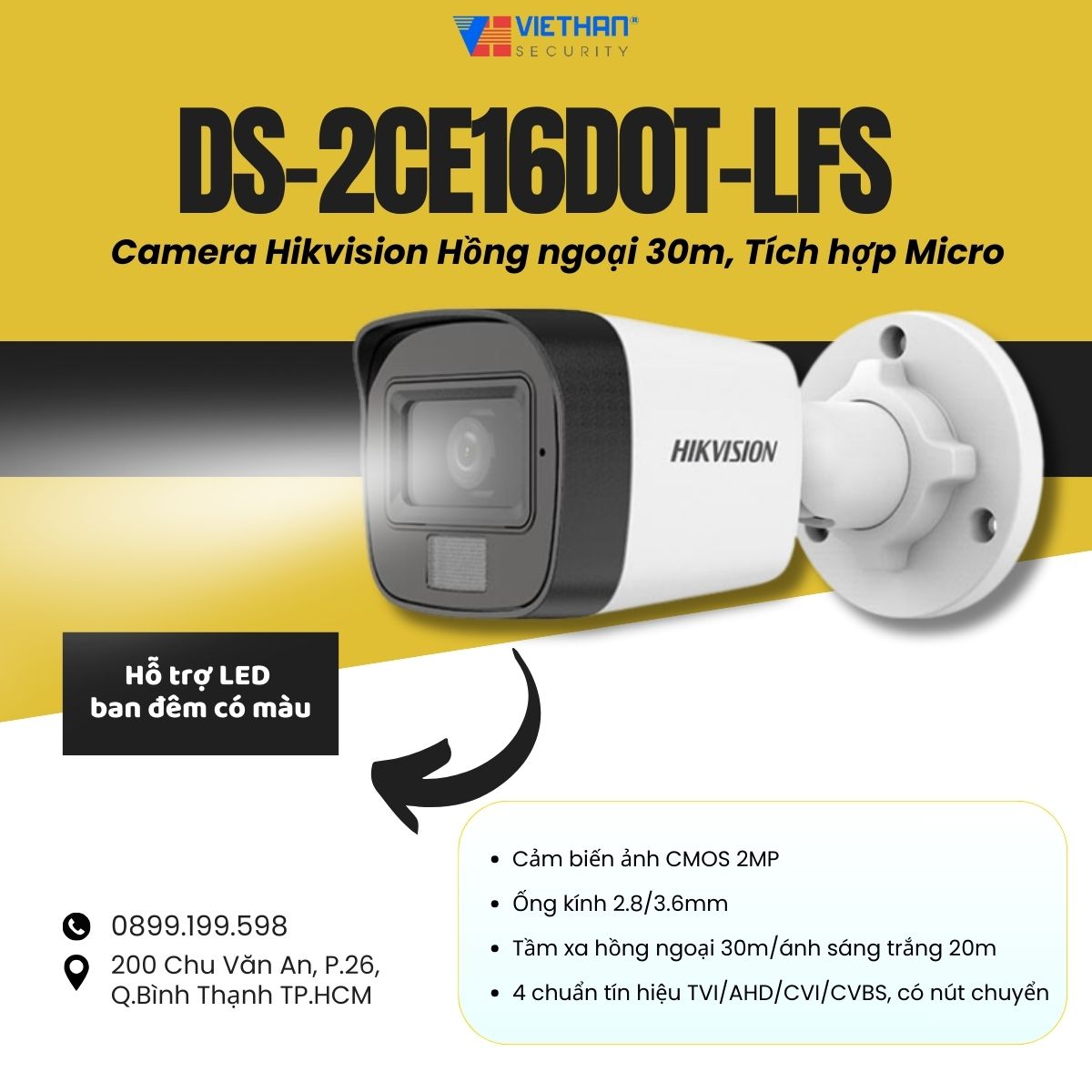 Camera Hikvision DS-2CE16D0T-LFS 2MP Full HD, Hồng ngoại 30m, Tích hợp micro
