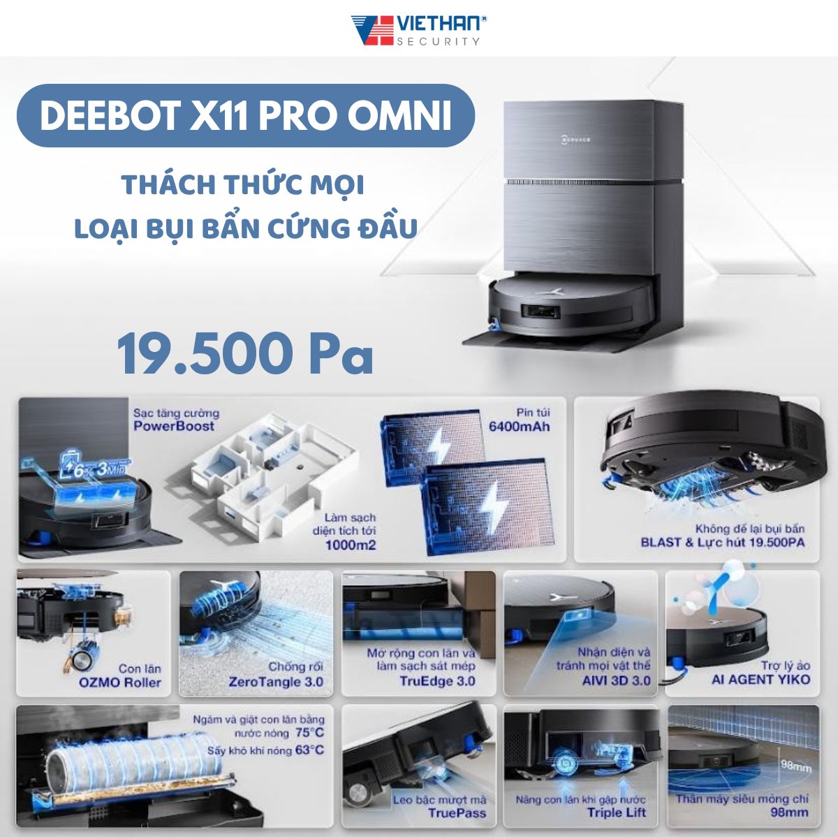 Ecovacs Deebot X11 Pro Omni - Đột Phá Lực Hút 19.500 Pa - Thách Thức Mọi Loại Bụi Bẩn Cứng Đầu