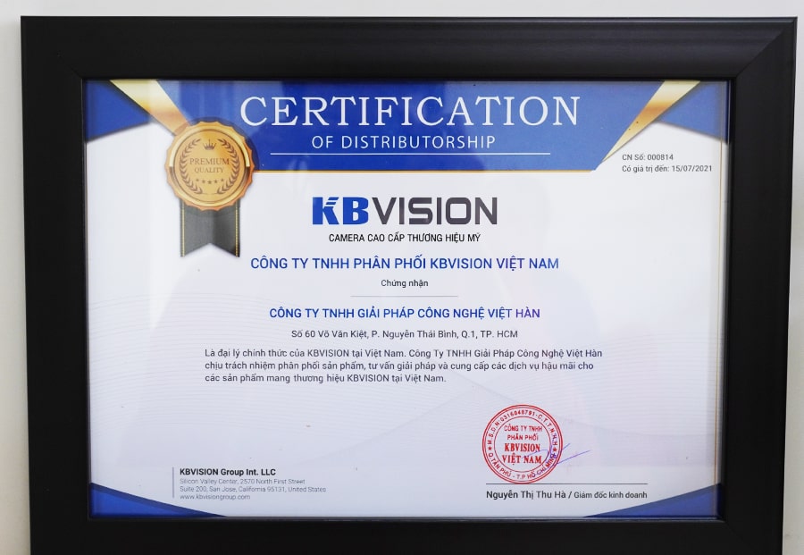 Chứng nhận phân phối sản phẩm KBVISION 2020