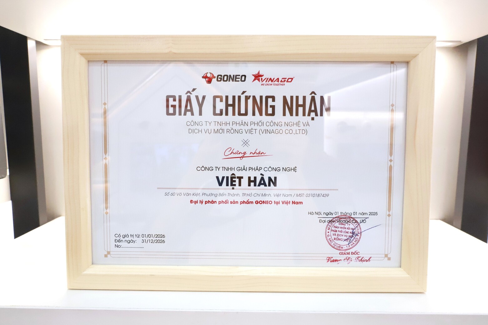 Việt Hàn Security nhận chứng nhận Đại lý phân phối GONEO chính hãng 2026