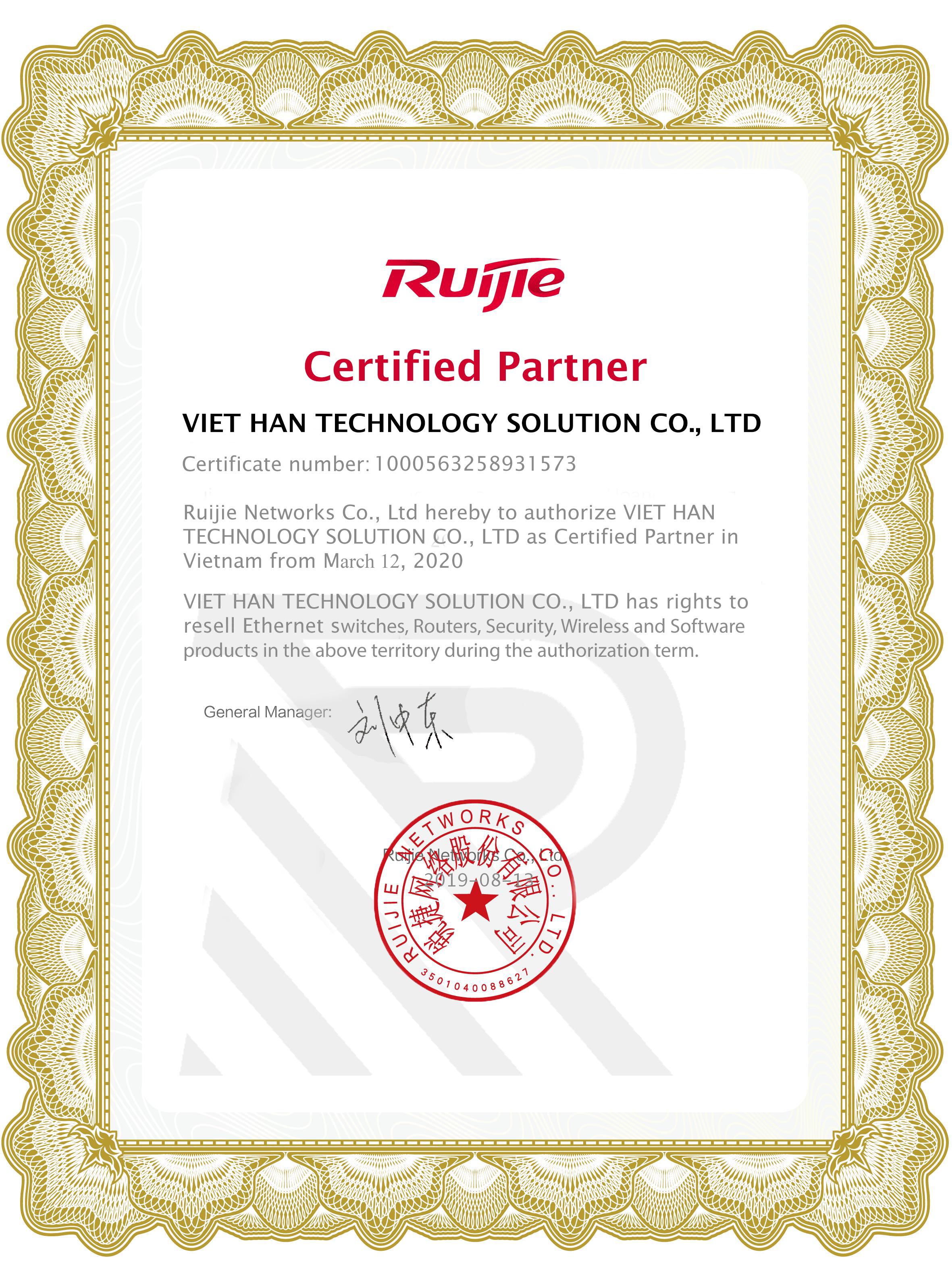 Việt Hàn nhận chứng nhận phân phối sản phẩm wifi Ruijie 2020