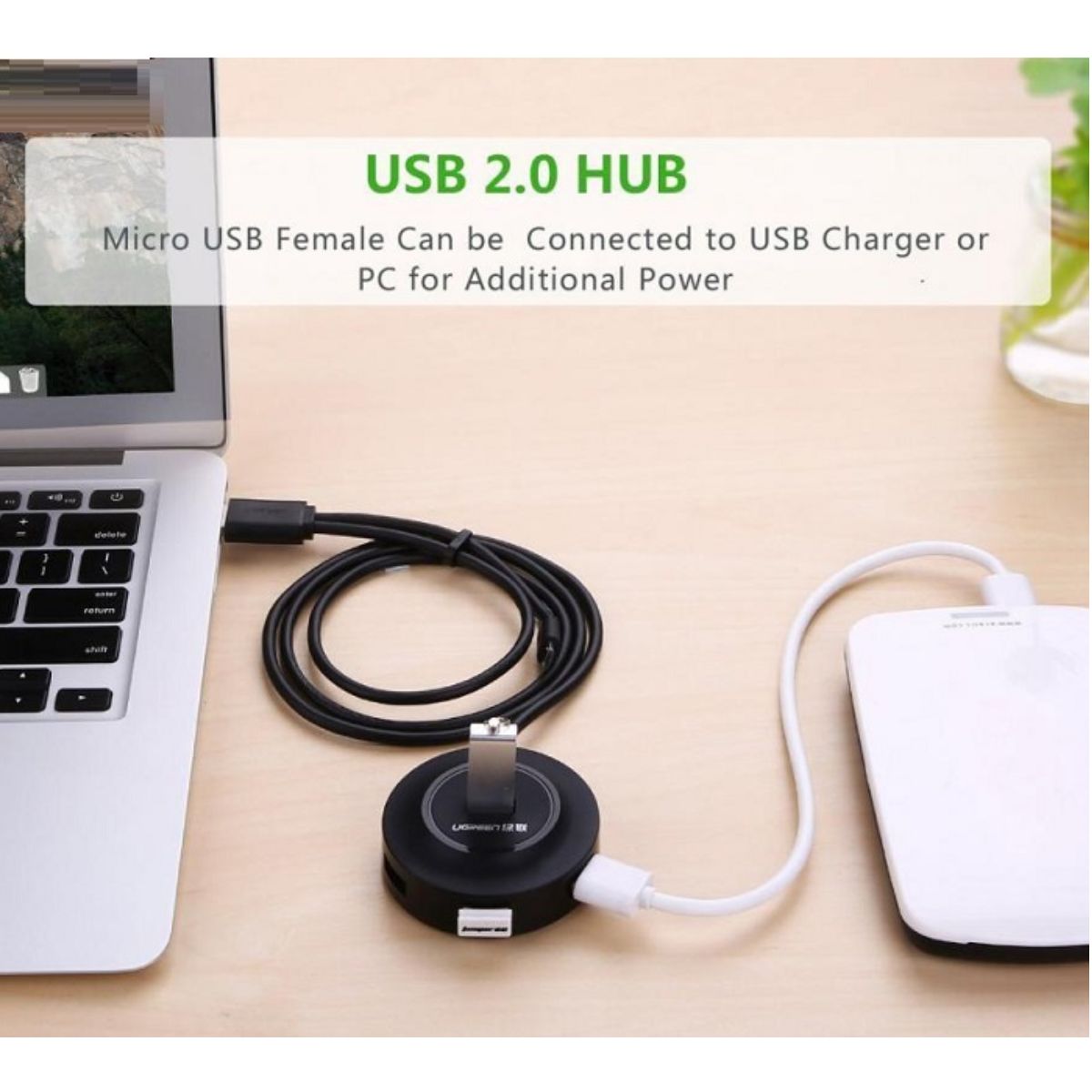 Bộ chia Hub 4 cổng USB 2.0 dây 1m Ugreen 20295 CR106, hỗ trợ 127 thiết bị, 480 Mbps