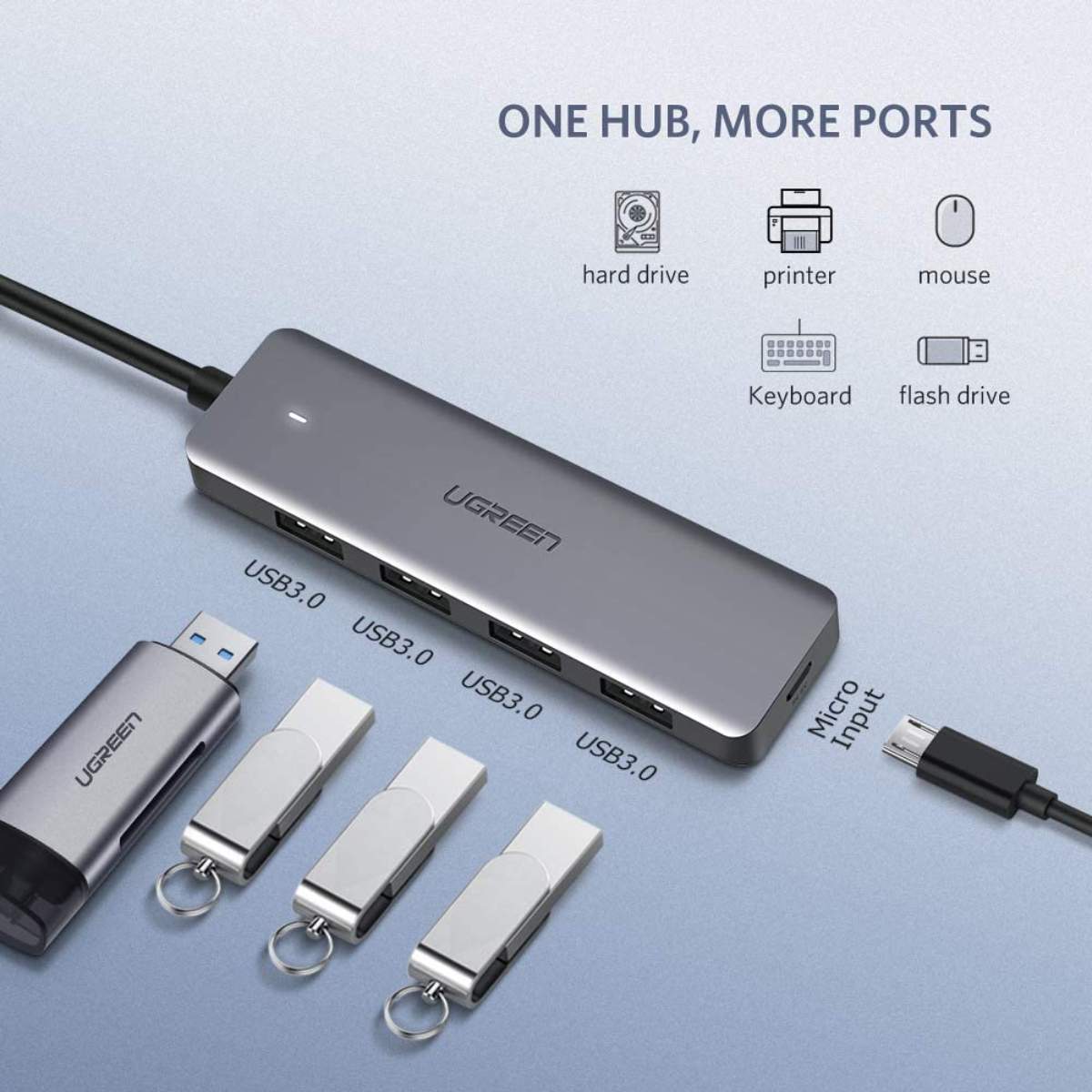 Bộ chia USB 4 cổng 15cm Ugreen 50985 CM219 USB-A to 4*USB 3.0, tốc độ truyền 5Gbps