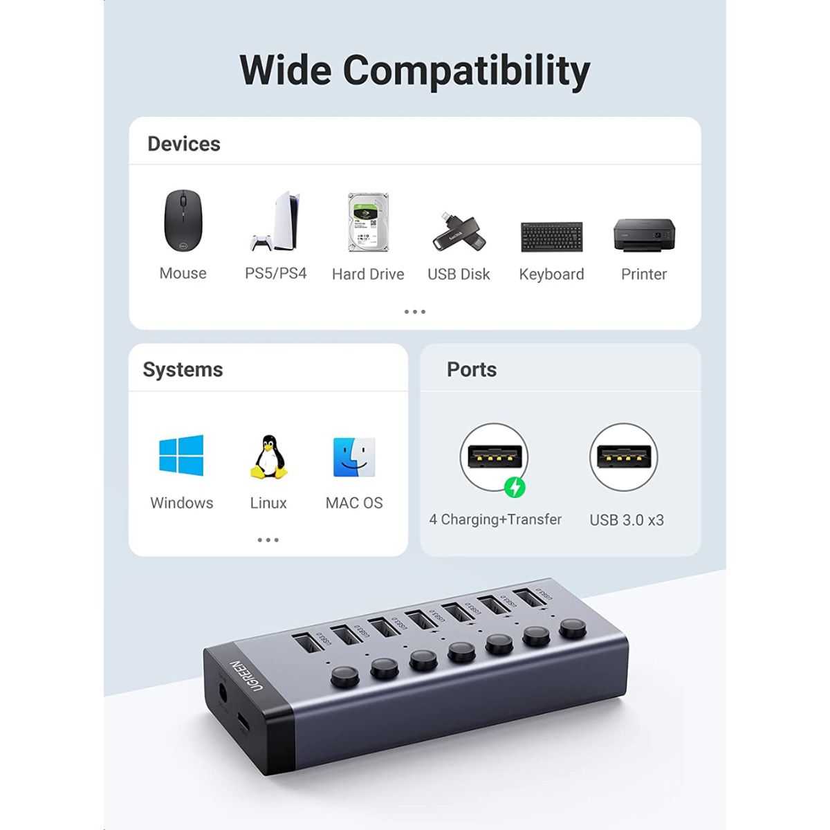 Hub USB 3.0 7 cổng Ugreen 90305 CM481 Type-A to USB 3.0, tốc độ 5Gbps, chân nguồn US