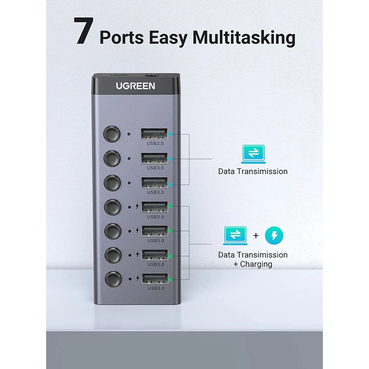 Hub USB 3.0 7 cổng Ugreen 90305 CM481 Type-A to USB 3.0, tốc độ 5Gbps, chân nguồn US