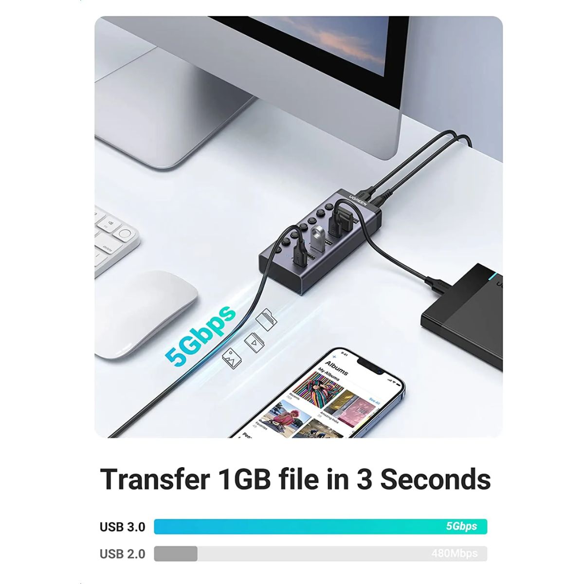 Hub USB 3.0 7 cổng Ugreen 90305 CM481 Type-A to USB 3.0, tốc độ 5Gbps, chân nguồn US