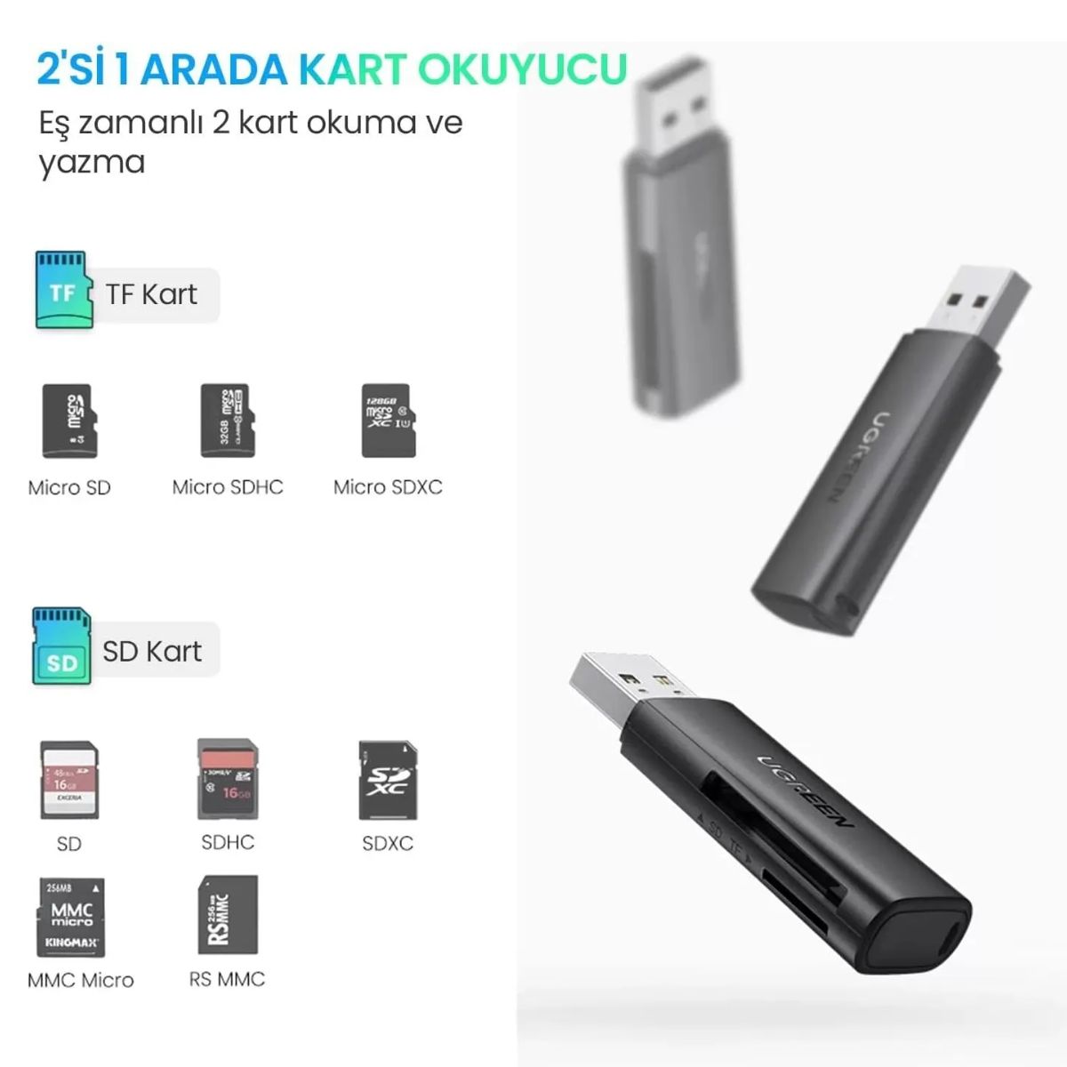 Đầu đọc thẻ SD/TF chuẩn USB 3.0 chính hãng Ugreen 60722 cao cấp