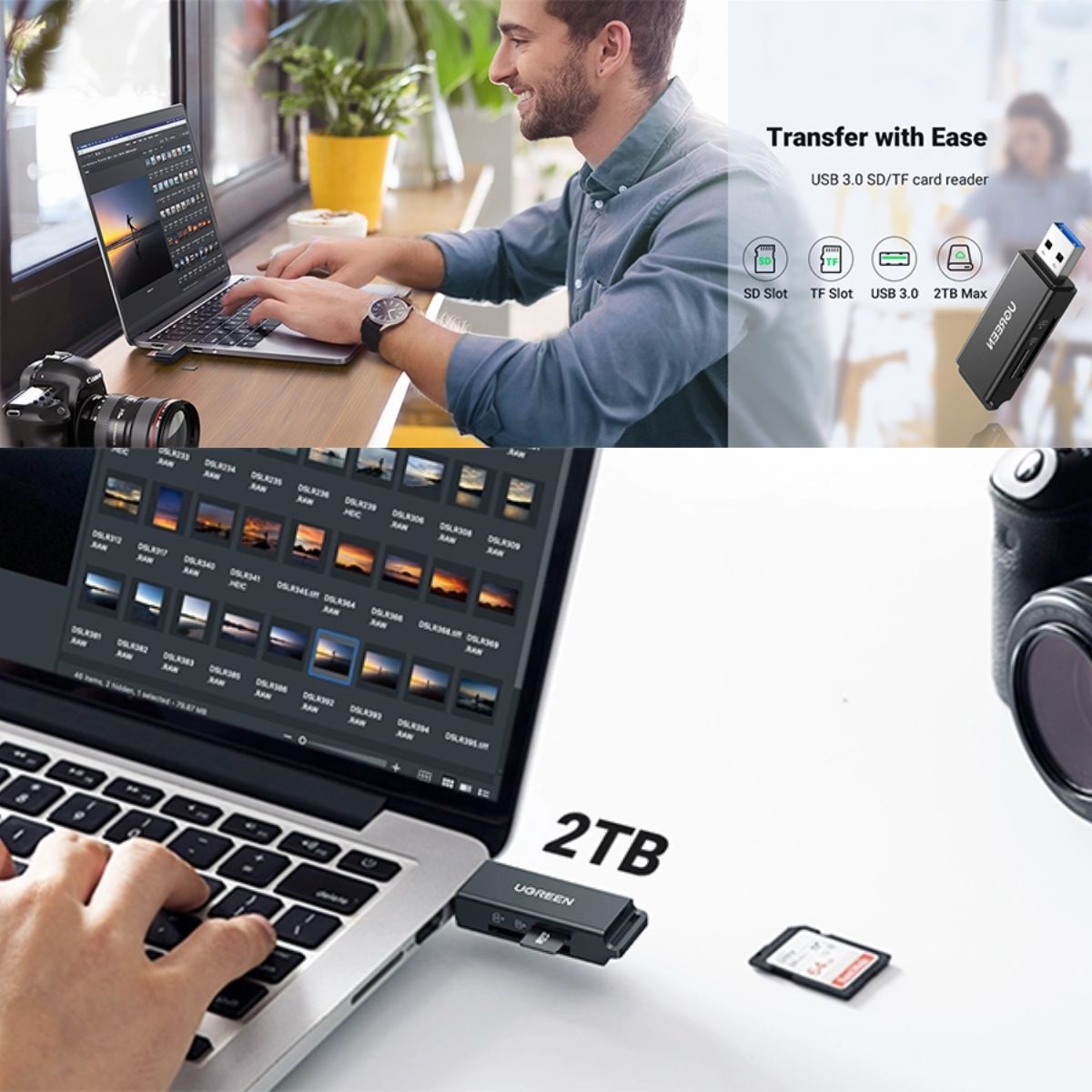 Đầu đọc thẻ nhớ USB 3.0 Ugreen 40753 CM104 hỗ trợ SD+TF, tốc độ 5Gbps