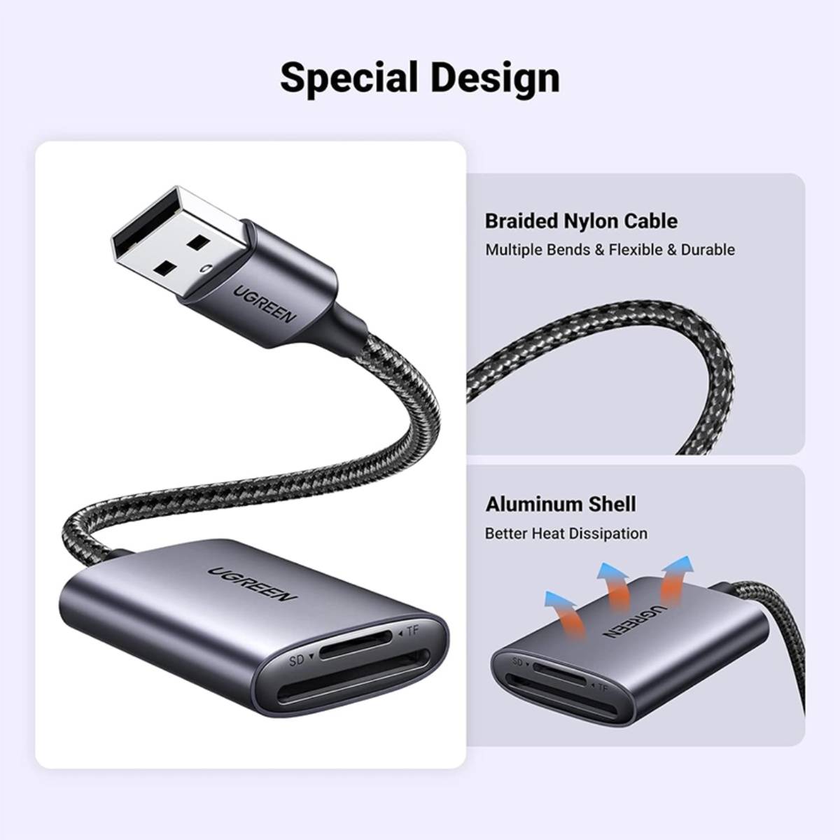 Đầu đọc thẻ chuẩn USB 3.0 Ugreen 80887 CM401 USB 3.0 to CFast 2.0, hỗ trợ SD/TF, tốc độ 5Gbps