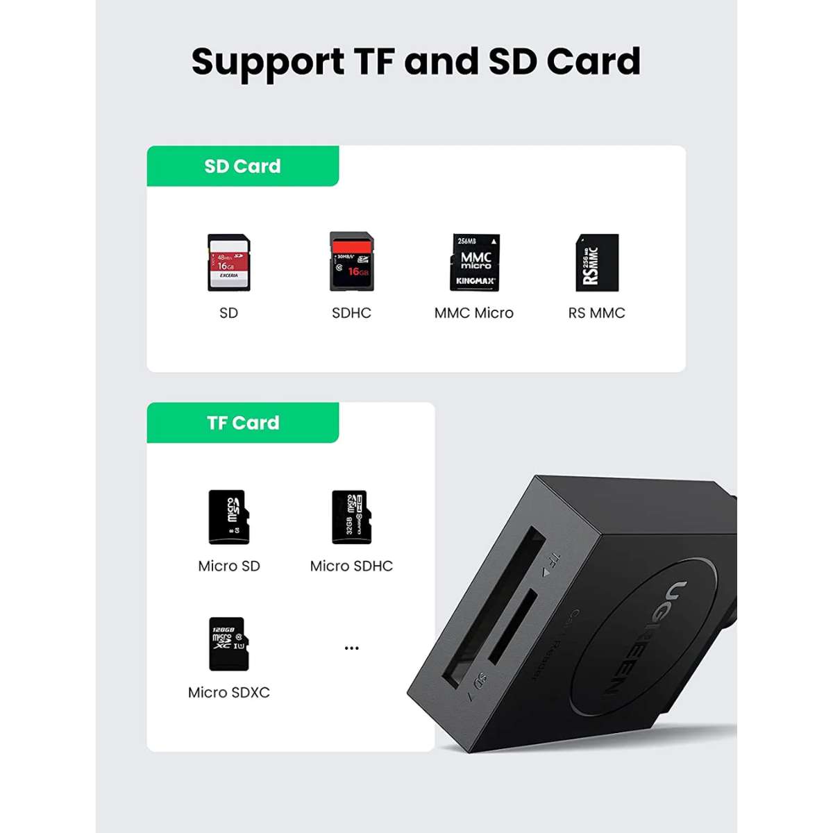 Đầu đọc thẻ nhớ USB 3.0 Ugreen 20250 CR127 dài 15cm, hỗ trợ SD+TF, tốc độ 5Gbps