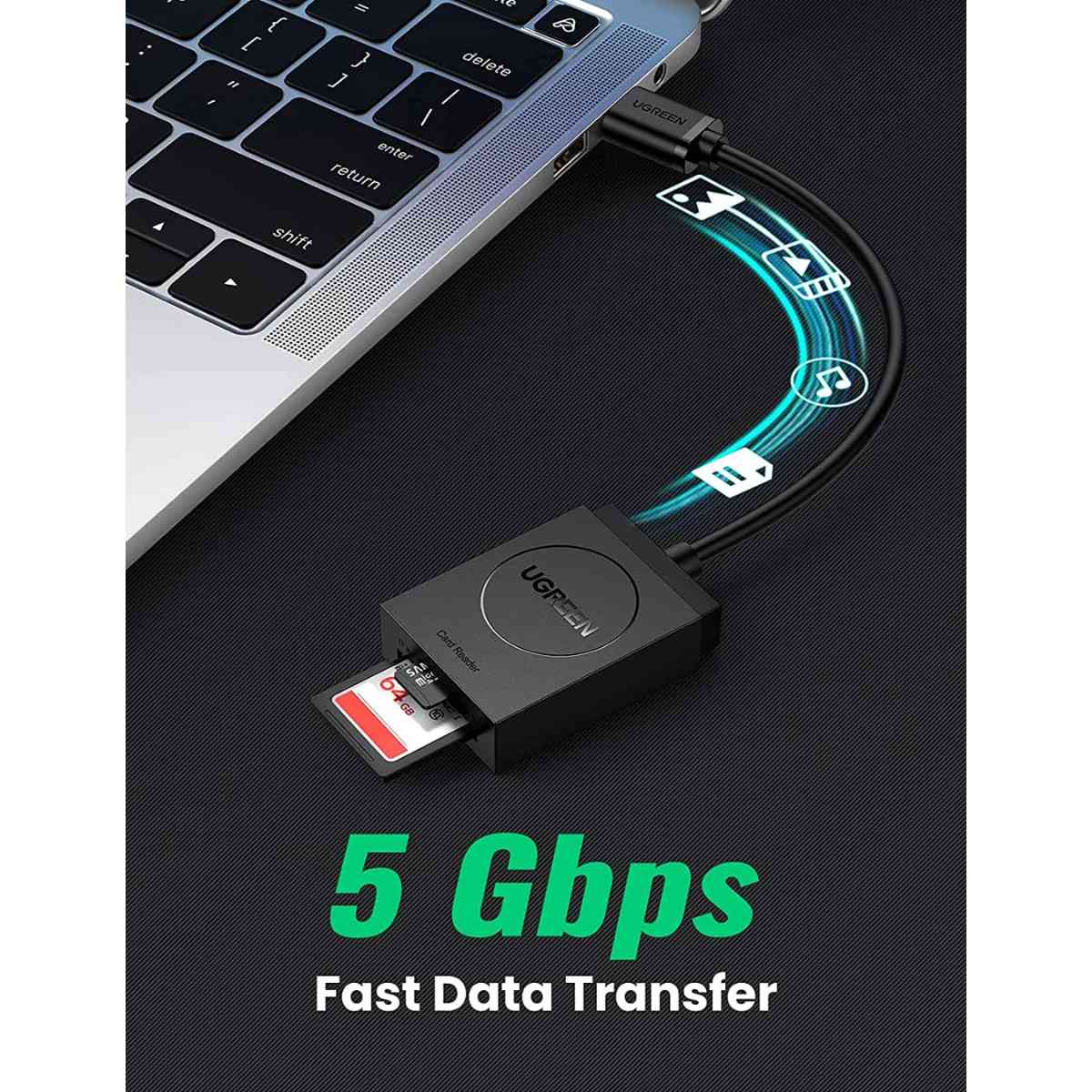 Đầu đọc thẻ nhớ USB 3.0 Ugreen 20250 CR127 dài 15cm, hỗ trợ SD+TF, tốc độ 5Gbps