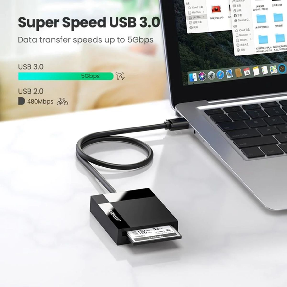 Đầu đọc thẻ USB 3.0 Ugreen 30231 CR125 dài 1m, hỗ trợ SD/TF/MS/CF, tốc độ 5Gbps, Plug and Play