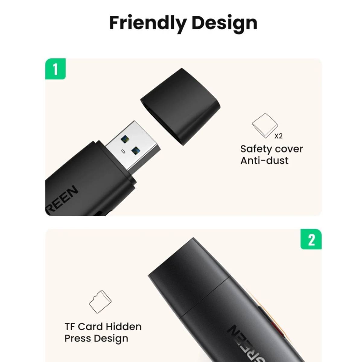 Đầu đọc thẻ từ 2 in 1 Ugreen 80191 CM304 USB 3.1 to USB-A + USB-C, hỗ trợ SD/TF 2TB, 5Gbps