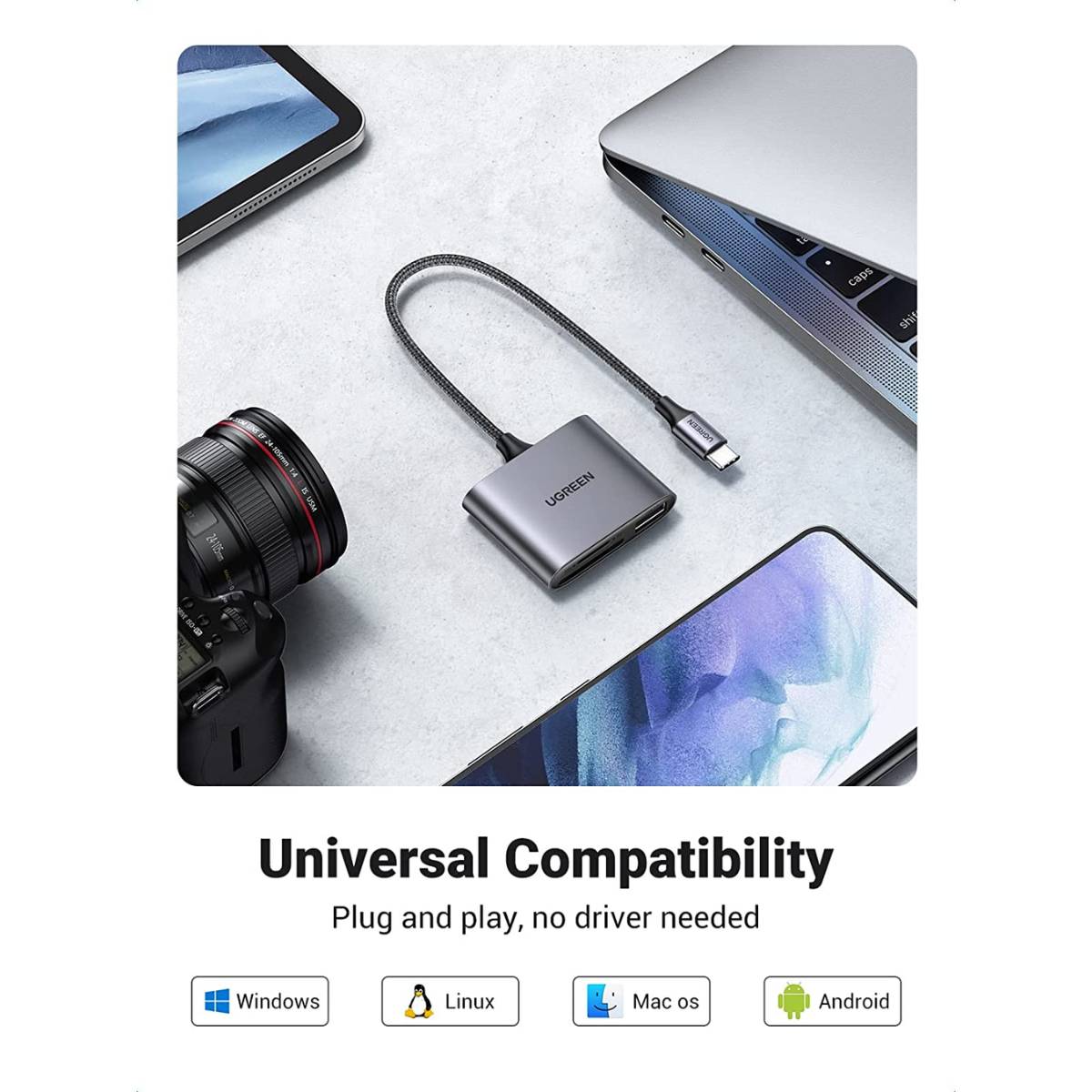 Đầu đọc thẻ SD/TF kèm OTG chuẩn USB 3.1 Type-C Ugreen 80798 vỏ nhôm cao cấp