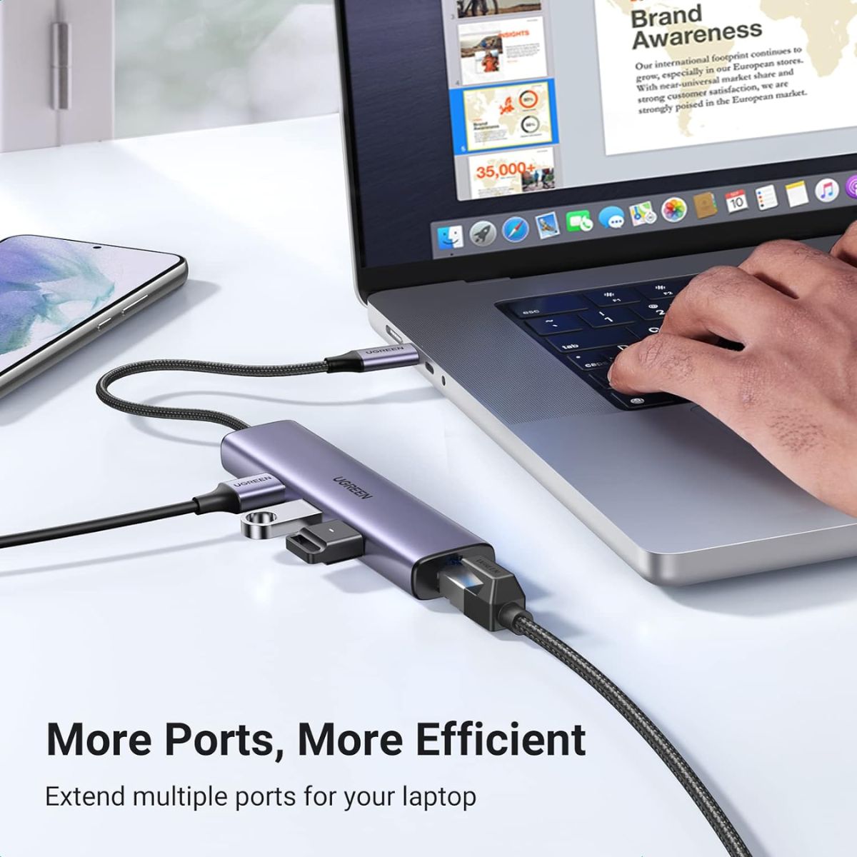 Bộ chuyển đổi 4 in 1 Ugreen 60600 CM475 Type-C to 3*USB 3.0 + LAN 1Gbps, tốc độ 5Gbps, vỏ nhôm