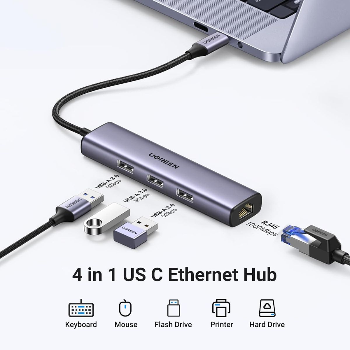 Bộ chuyển đổi 4 in 1 Ugreen 60600 CM475 Type-C to 3*USB 3.0 + LAN 1Gbps, tốc độ 5Gbps, vỏ nhôm