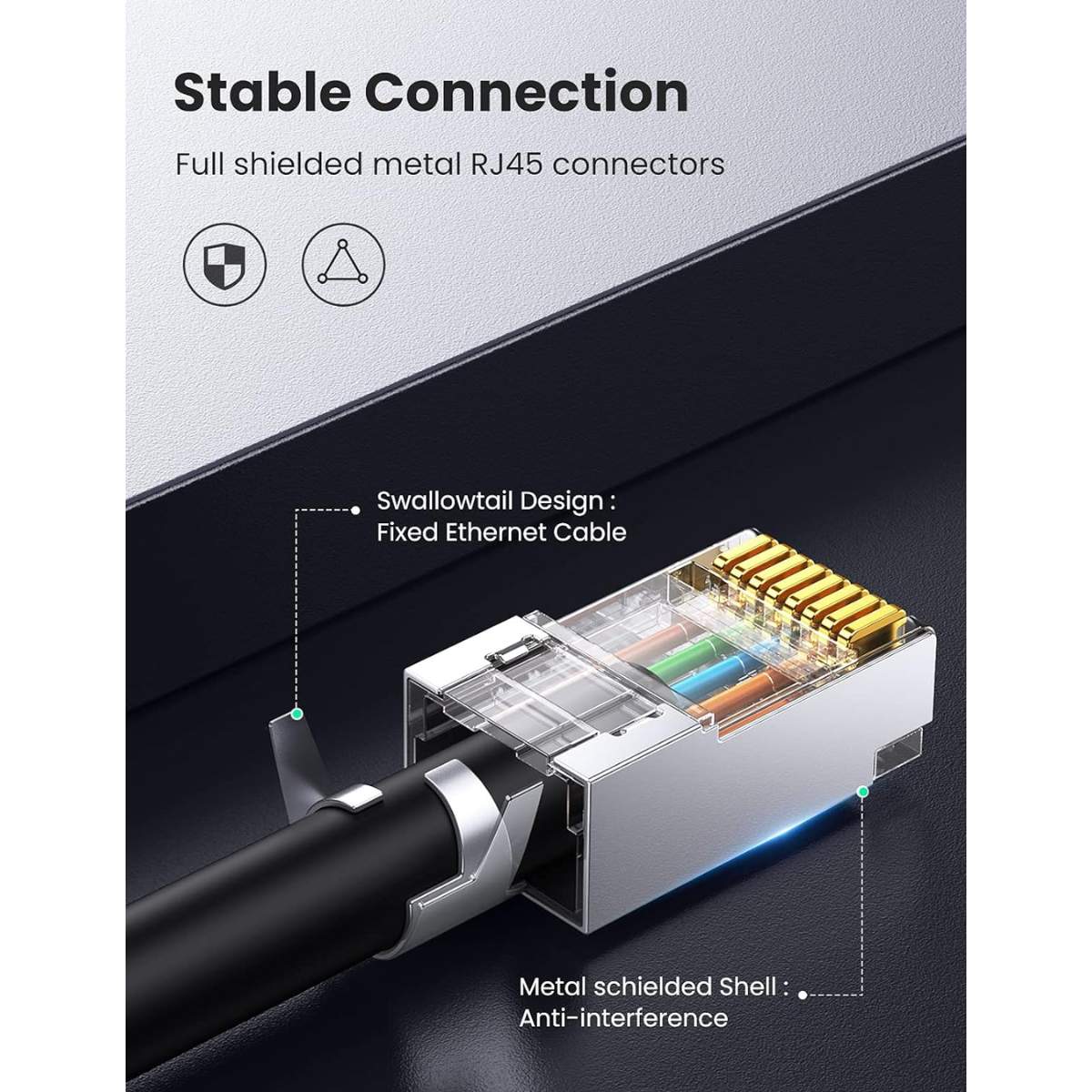 Đầu bấm mạng bọc inox Cat6/Cat7 FPT RJ45 thiết kế đuôi kẹp cố định vào cáp Ugreen 30900 (Hộp 50c)