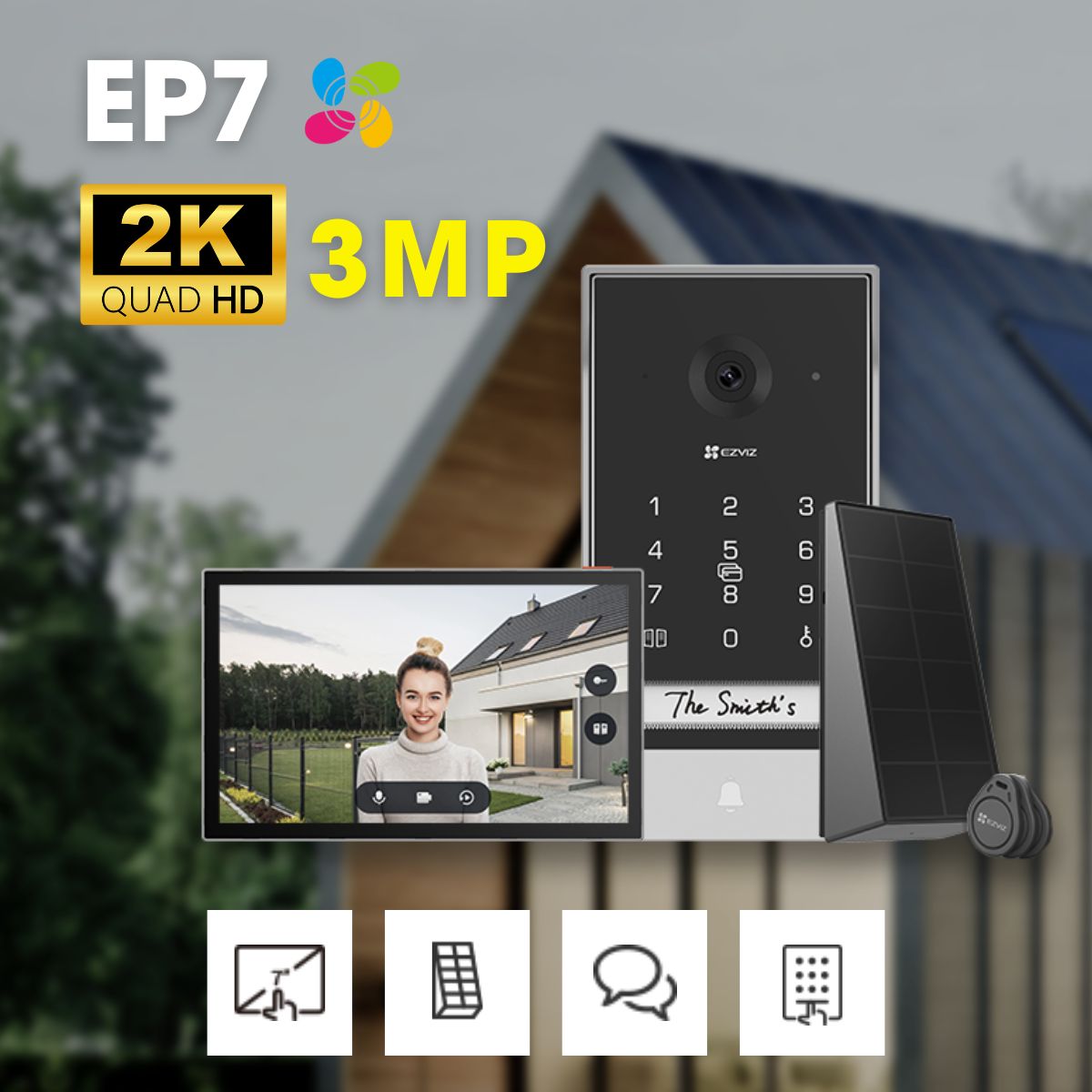 Chuông cửa pin mặt trời Ezviz EP7 2K màn hình cảm ứng 7 inch, mã pin/thẻ từ, đàm thoại hai chiều