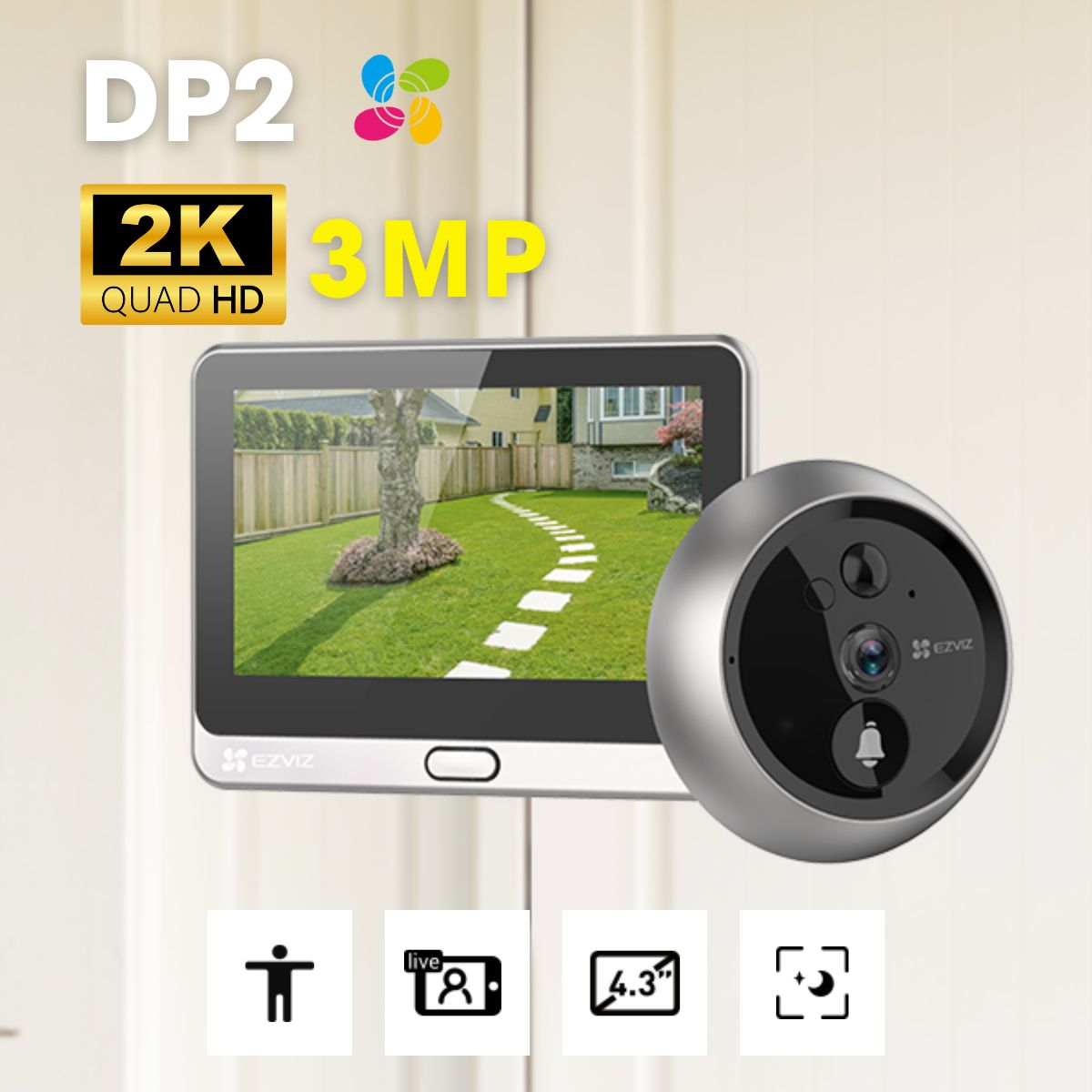 Chuông cửa màn hình Ezviz DP2 2K 3MP 4.3 inch, phát hiện chuyển động, live view, hồng ngoại 5m