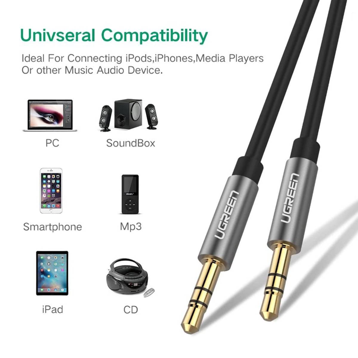 Cáp Audio 3.5mm dây tròn 1M Chính hãng Ugreen 10733 mạ vàng 24K cao cấp