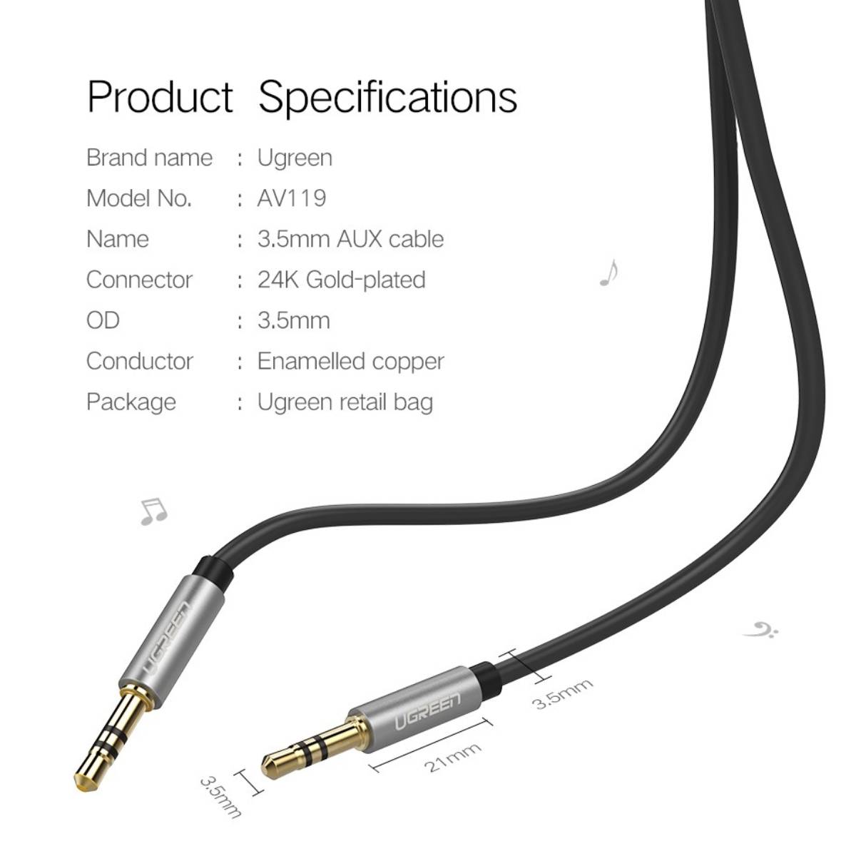 Cáp Audio 3.5mm dây tròn 2M Chính hãng Ugreen 10735 mạ vàng 24K