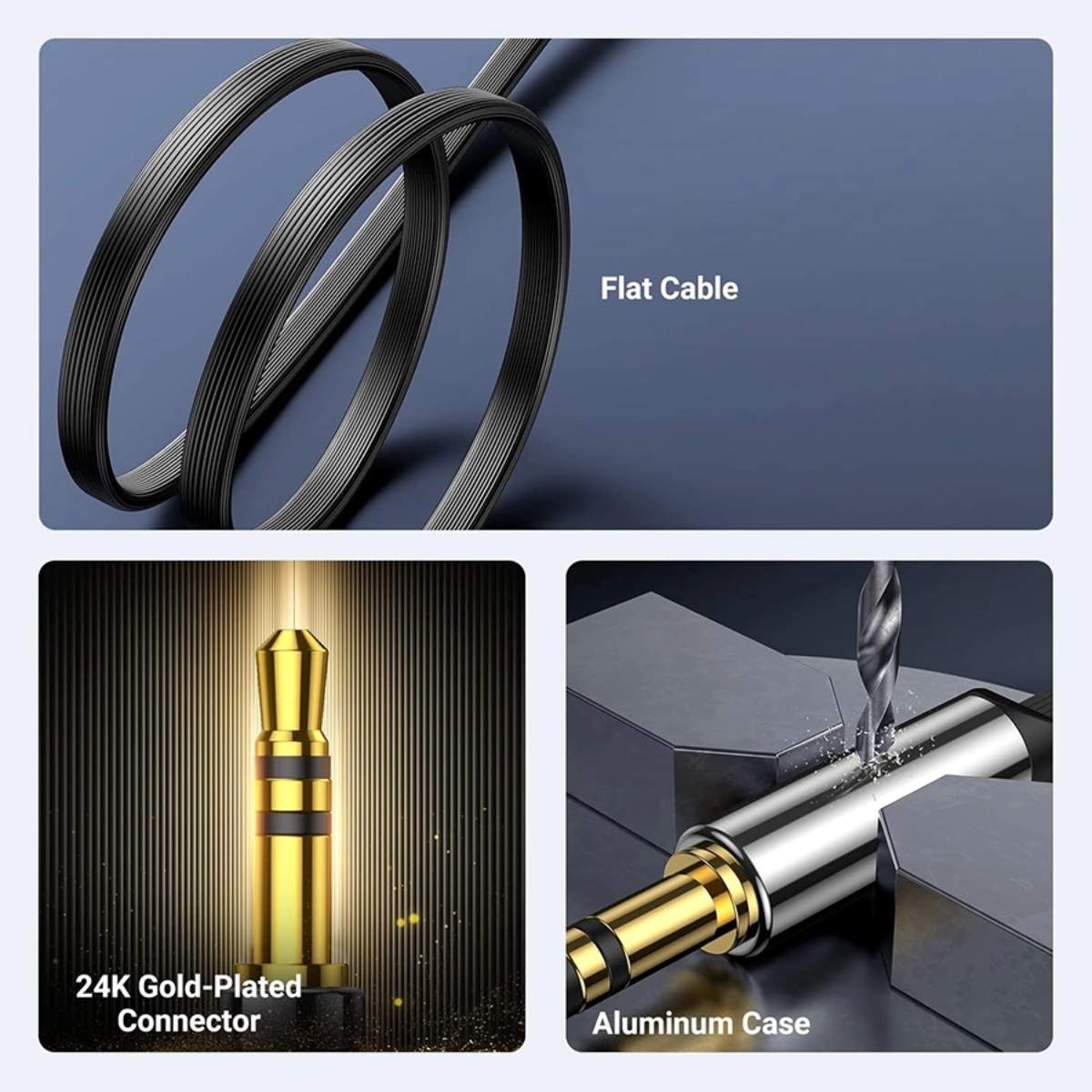 Cáp dẹp mạ vàng góc phải 3,5mm đực ra 3,5mm đực model AV119 đen 3M Ugreen 10728