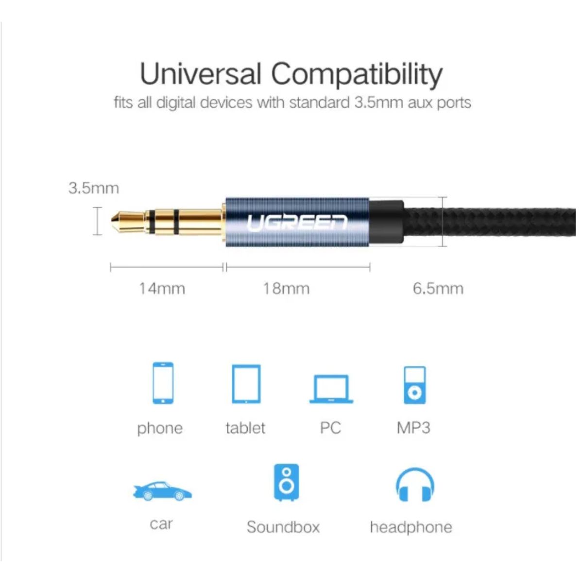Cáp audio 3.5mm dài 0,5m dây bọc dù đầu bọc hợp kim Ugreen 10684 cao cấp