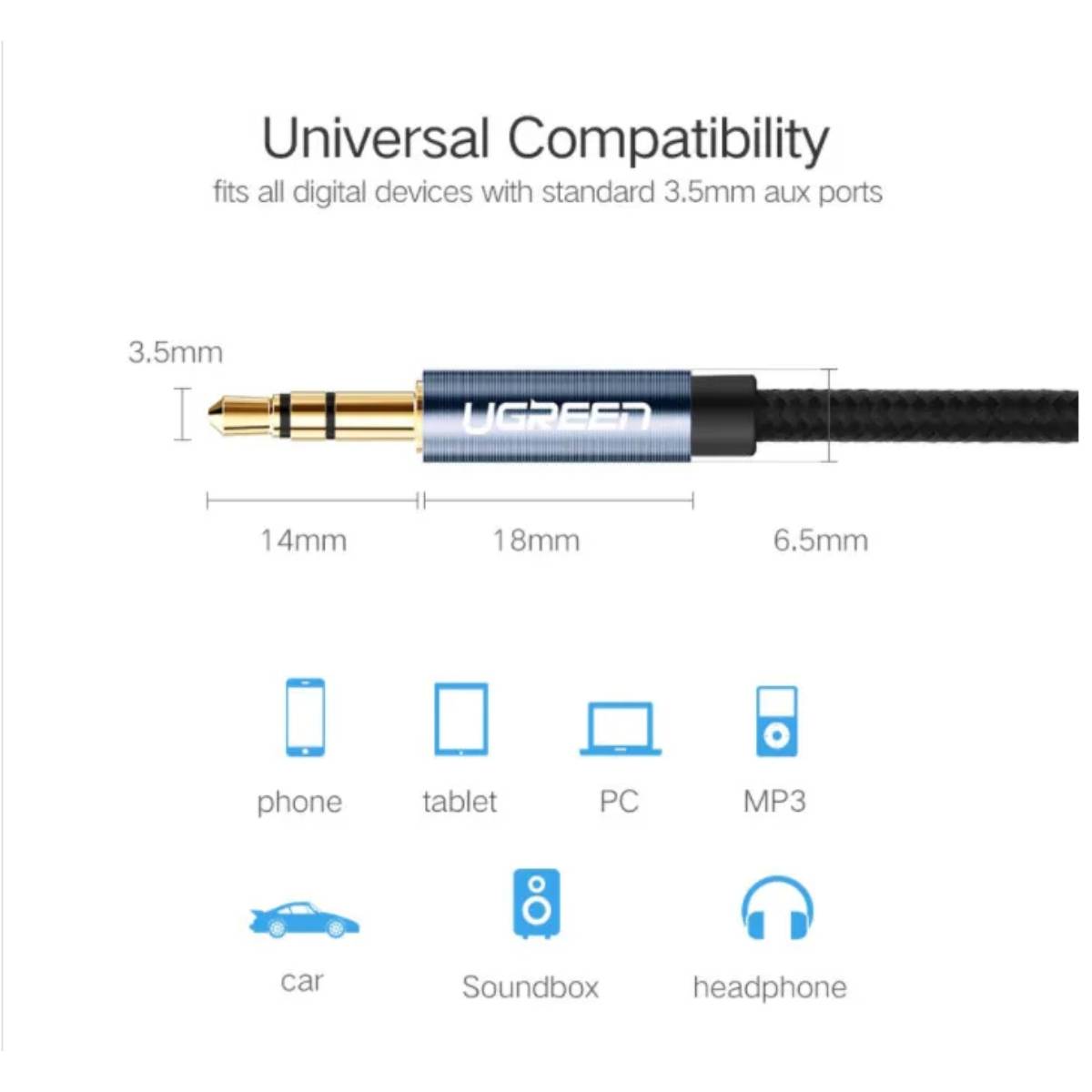 Cáp Audio AUX 3.5mm trên ô tô dài 1,5m chính hãng Ugreen 10686 cao cấp