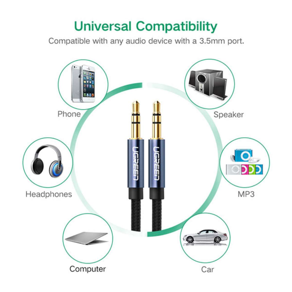 Cáp Audio AUX 3.5mm trên ô tô dài 2m chính hãng Ugreen 10687 cao cấp