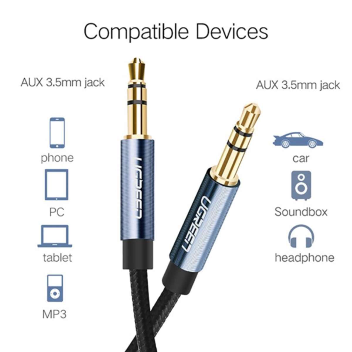 Cáp audio 3.5mm dài 5m dây bọc dù đầu bọc hợp kim Ugreen 10689 cao cấp