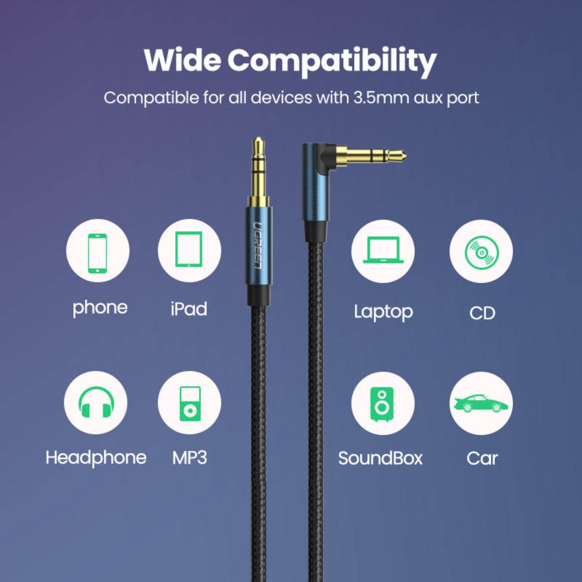 Cáp audio âm thanh AUX 3.5mm bện Nylon bẻ góc 90 độ dài 2M Ugreen 60181 cao cấp (Blue)