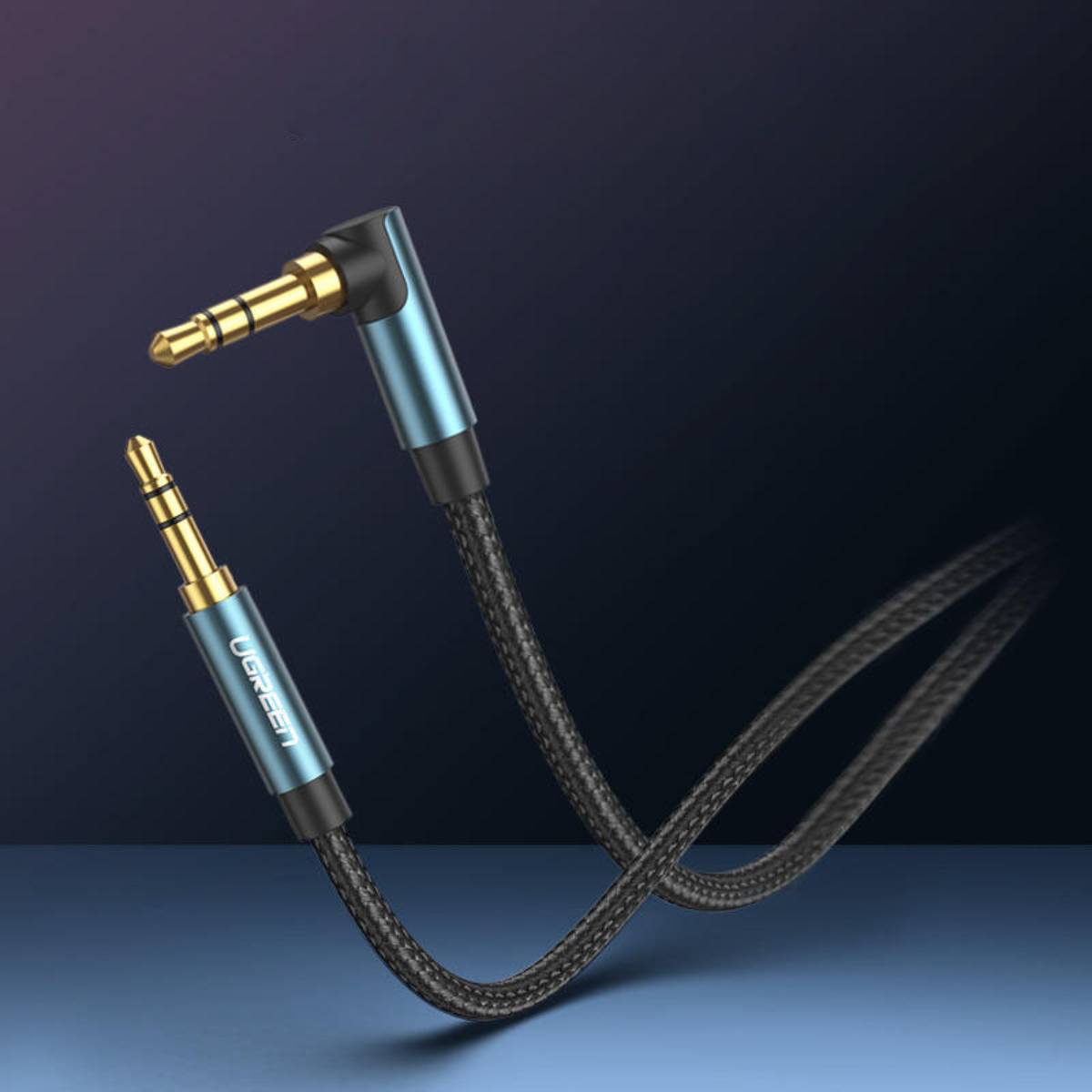 Cáp audio âm thanh AUX 3.5mm bện Nylon bẻ góc 90 độ dài 2M Ugreen 60181 cao cấp (Blue)