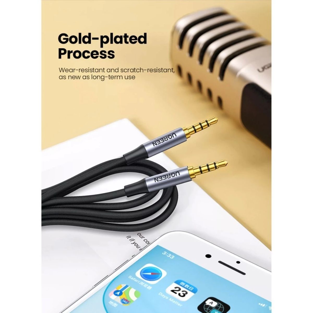 Cáp âm thanh AUX 3.5mm 2 đầu dương 4 cực dài 1,5M bện nylon hỗ trợ mic Ugreen 20497 cao cấp