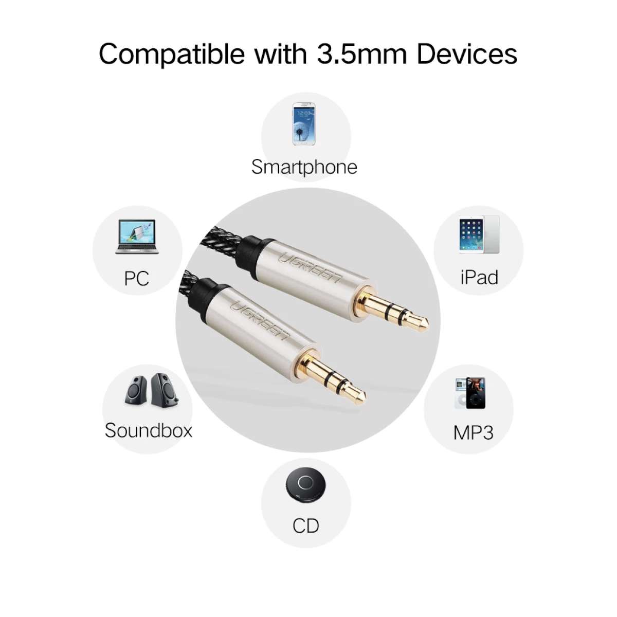 Cáp Audio AUX 3,5mm trên ô tô dài 2m chính hãng Ugreen 10604 cao cấp