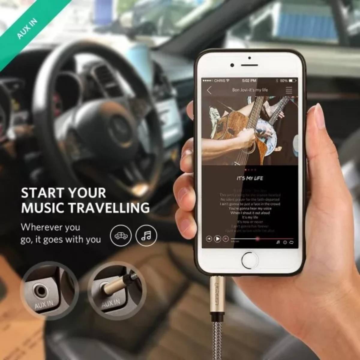 Cáp Audio AUX 3,5mm trên ô tô dài 3m chính hãng Ugreen 10605 cao cấp