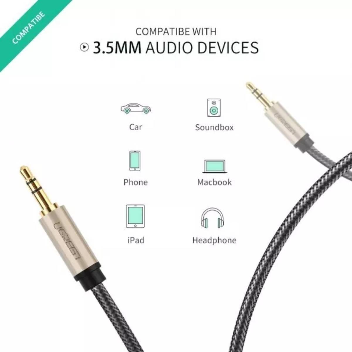 Cáp Audio AUX 3,5mm trên ô tô dài 3m chính hãng Ugreen 10605 cao cấp