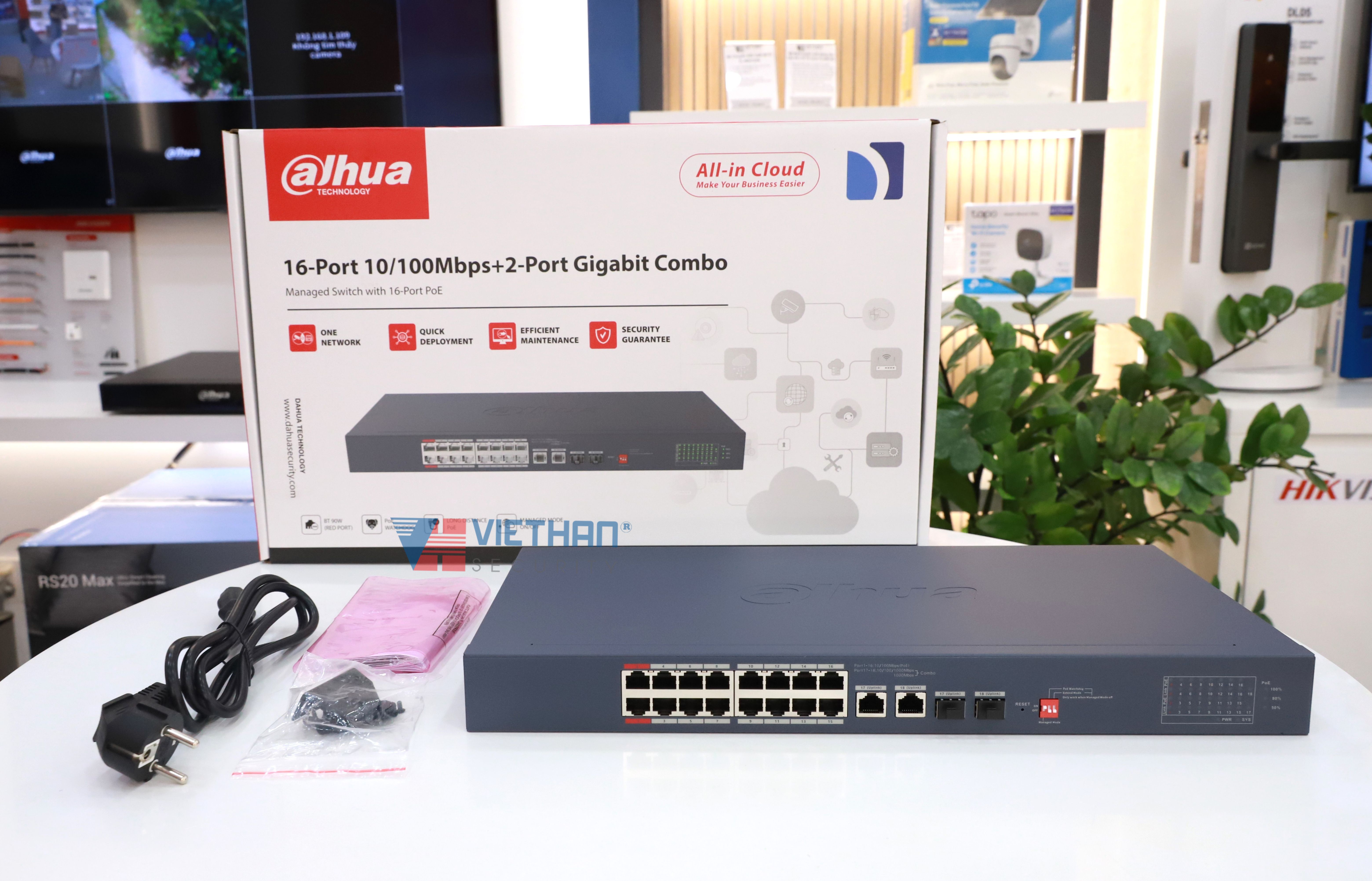 Module Switch PoE Cloud 18 port DAHUA DH-CS4218-16ET-135, 16 PoE, 2 port RJ45, 2 port SFP.