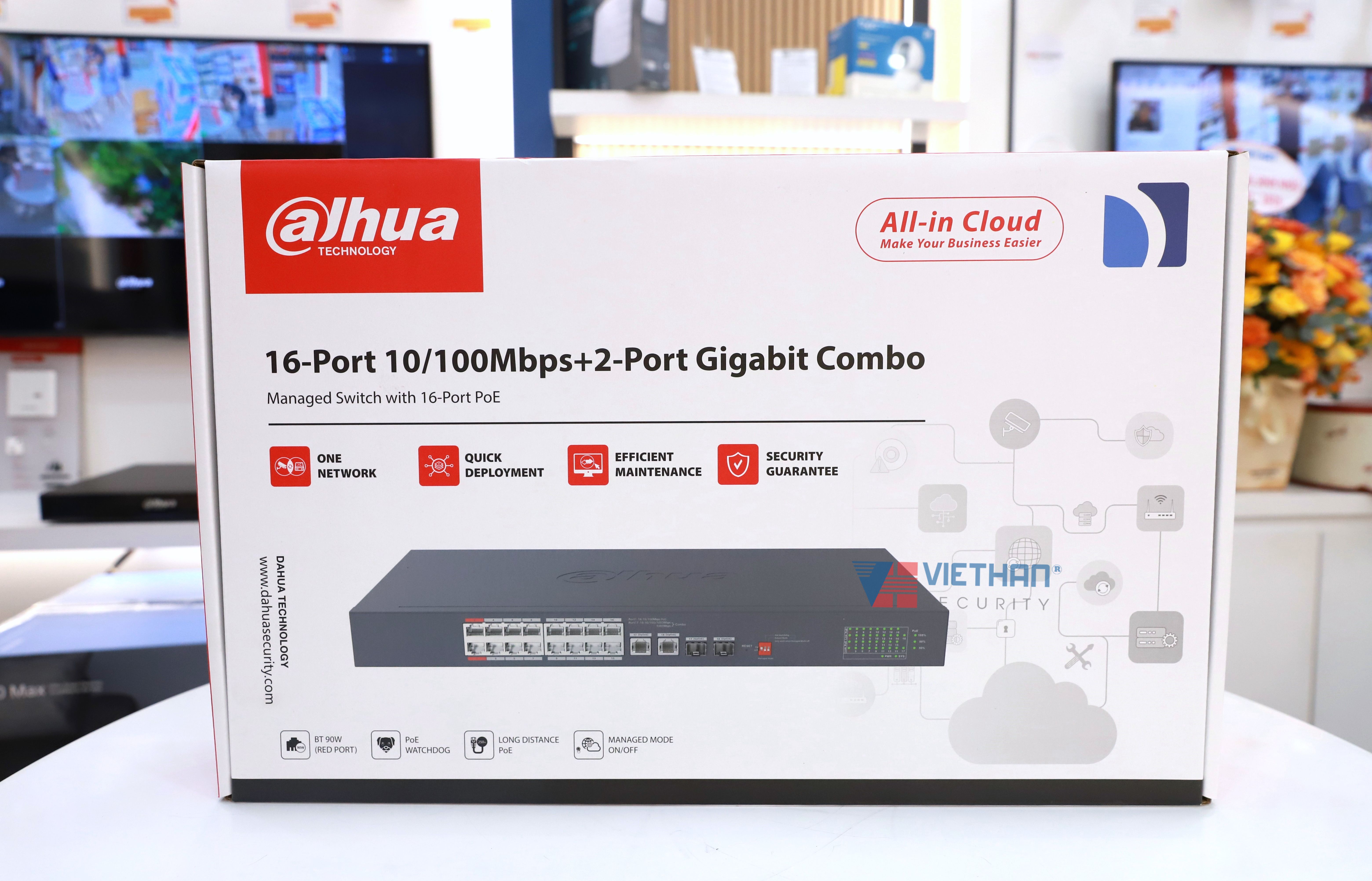 Module Switch PoE Cloud 18 port DAHUA DH-CS4218-16ET-135, 16 PoE, 2 port RJ45, 2 port SFP.