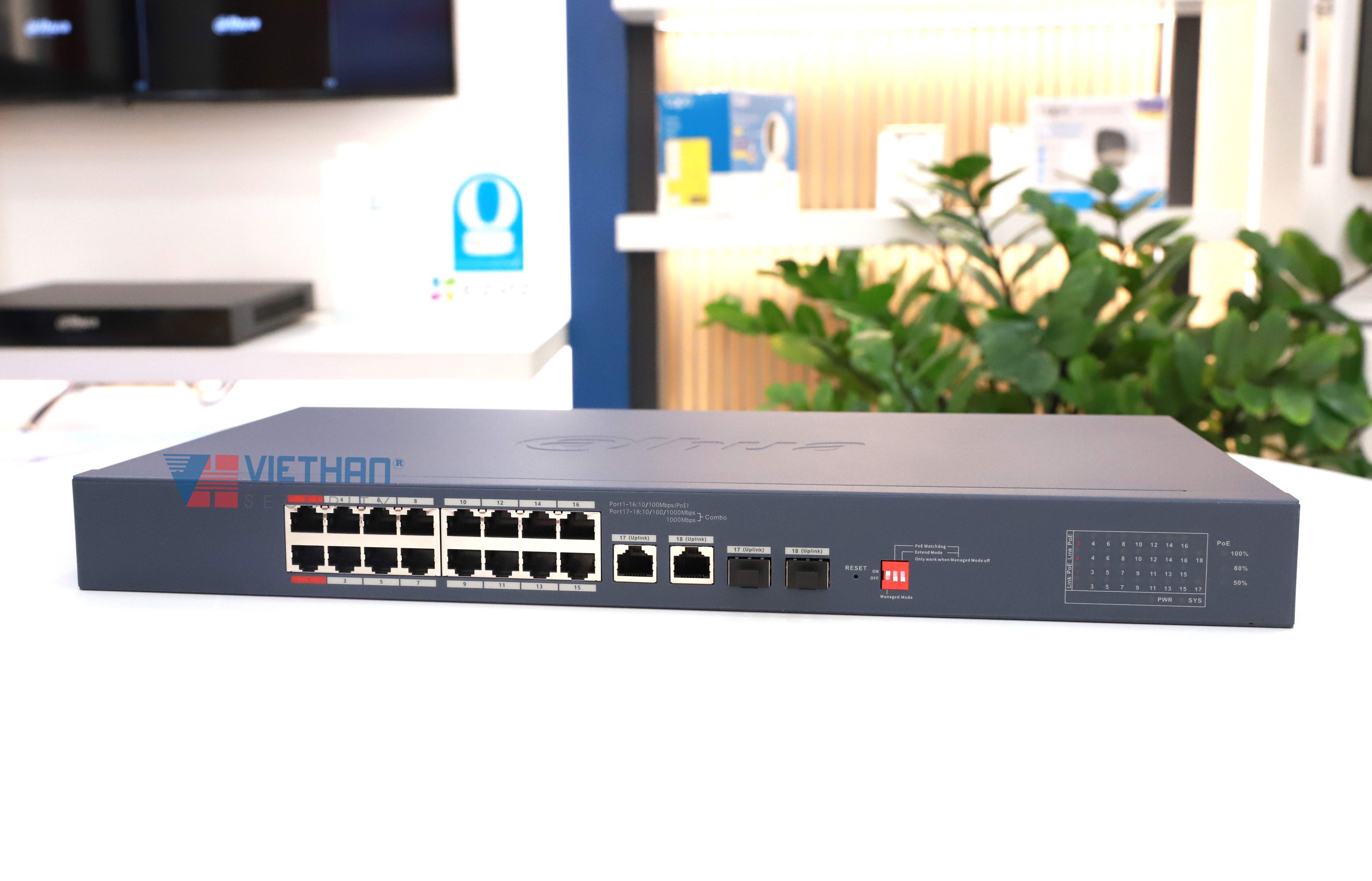 Module Switch PoE Cloud 18 port DAHUA DH-CS4218-16ET-135, 16 PoE, 2 port RJ45, 2 port SFP.
