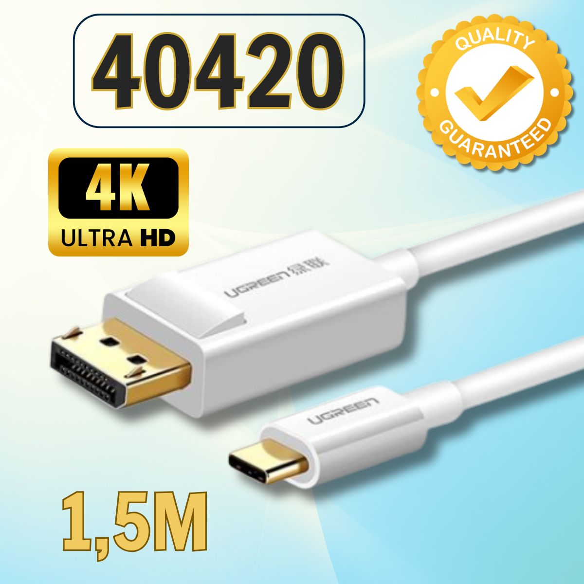 Cáp chuyển đổi USB type-C to Displayport dài 1,5m Ugreen 40420 MM139 chính hãng, Hỗ trợ 4K@30Hz, Màu trắng 
