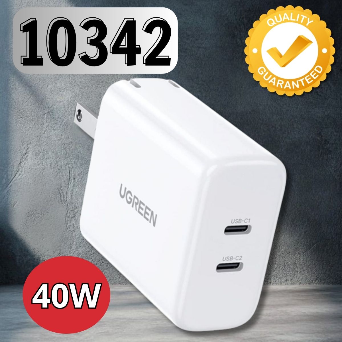 Bộ sạc 2 cổng Type C 40W Ugreen 10342 Màu trắng chuẩn cắm US