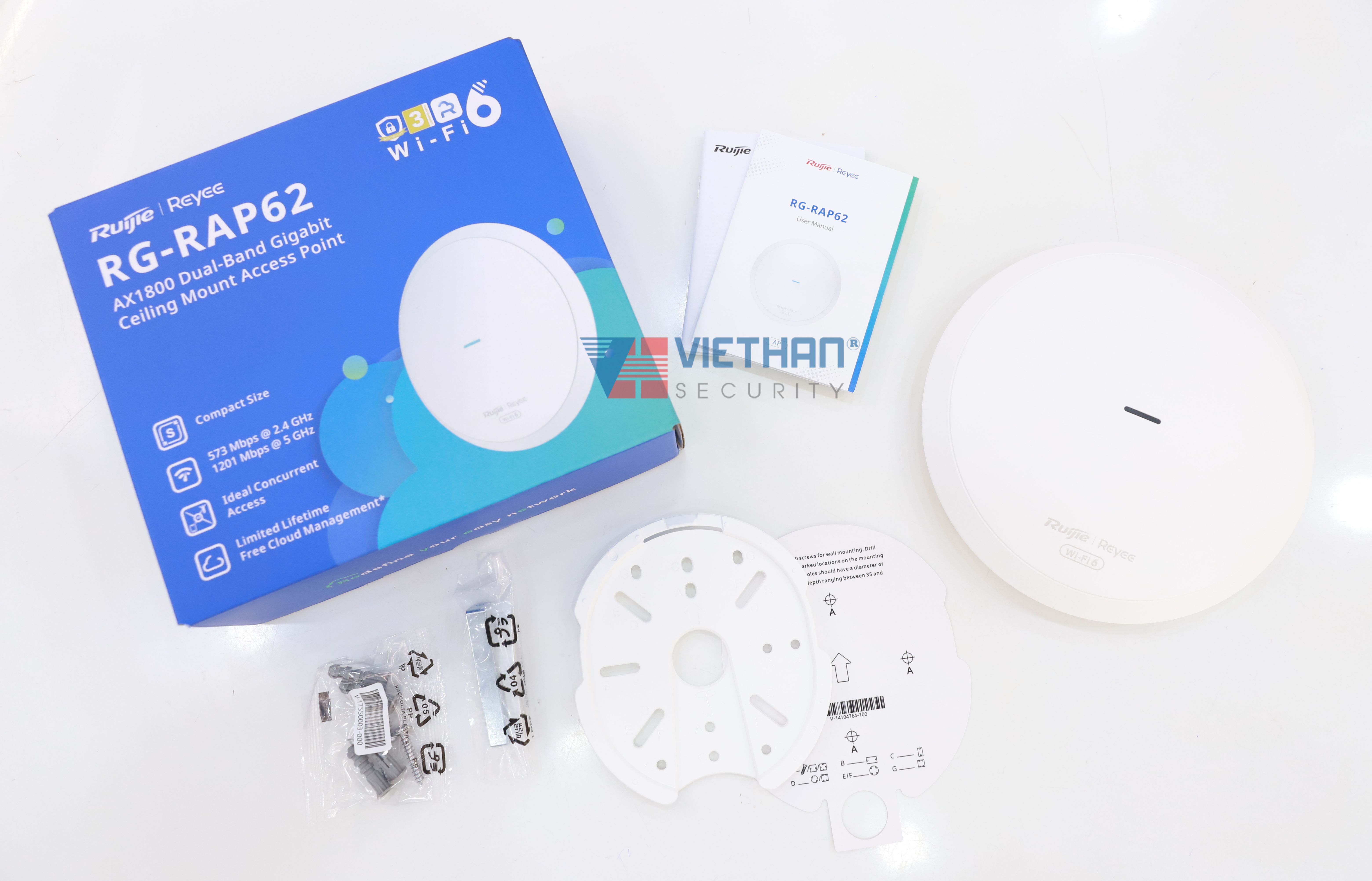 Bộ Phát WiFi 6 ốp trần/gắn tường Ruijie RG-RAP62 Tốc độ 1774 Mbps, 1 cổng 10/100/1000M Ethernet LAN, Hỗ Trợ +100 người dùng đồng thời