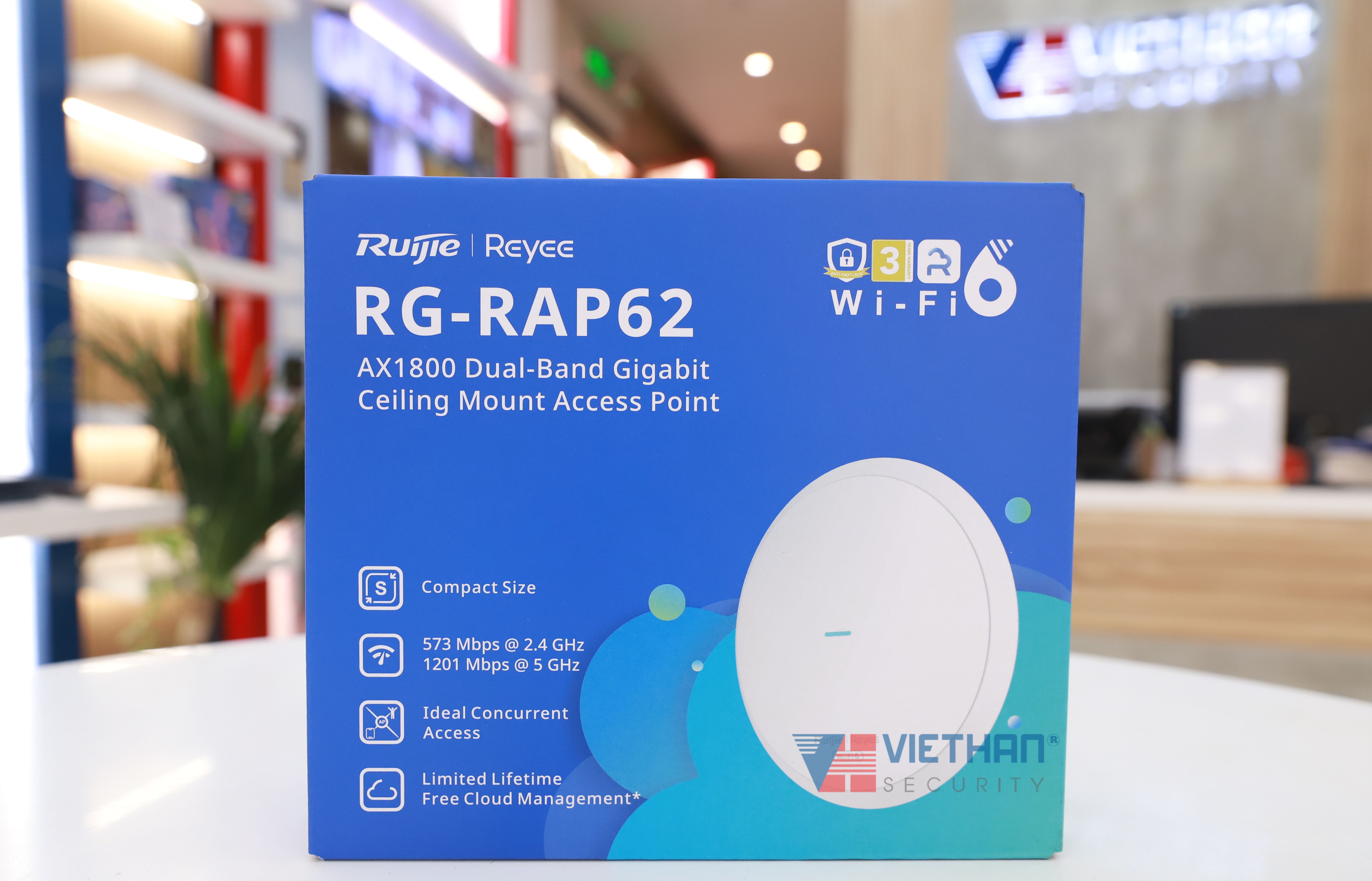 Bộ Phát WiFi 6 ốp trần/gắn tường Ruijie RG-RAP62 Tốc độ 1774 Mbps, 1 cổng 10/100/1000M Ethernet LAN, Hỗ Trợ +100 người dùng đồng thời